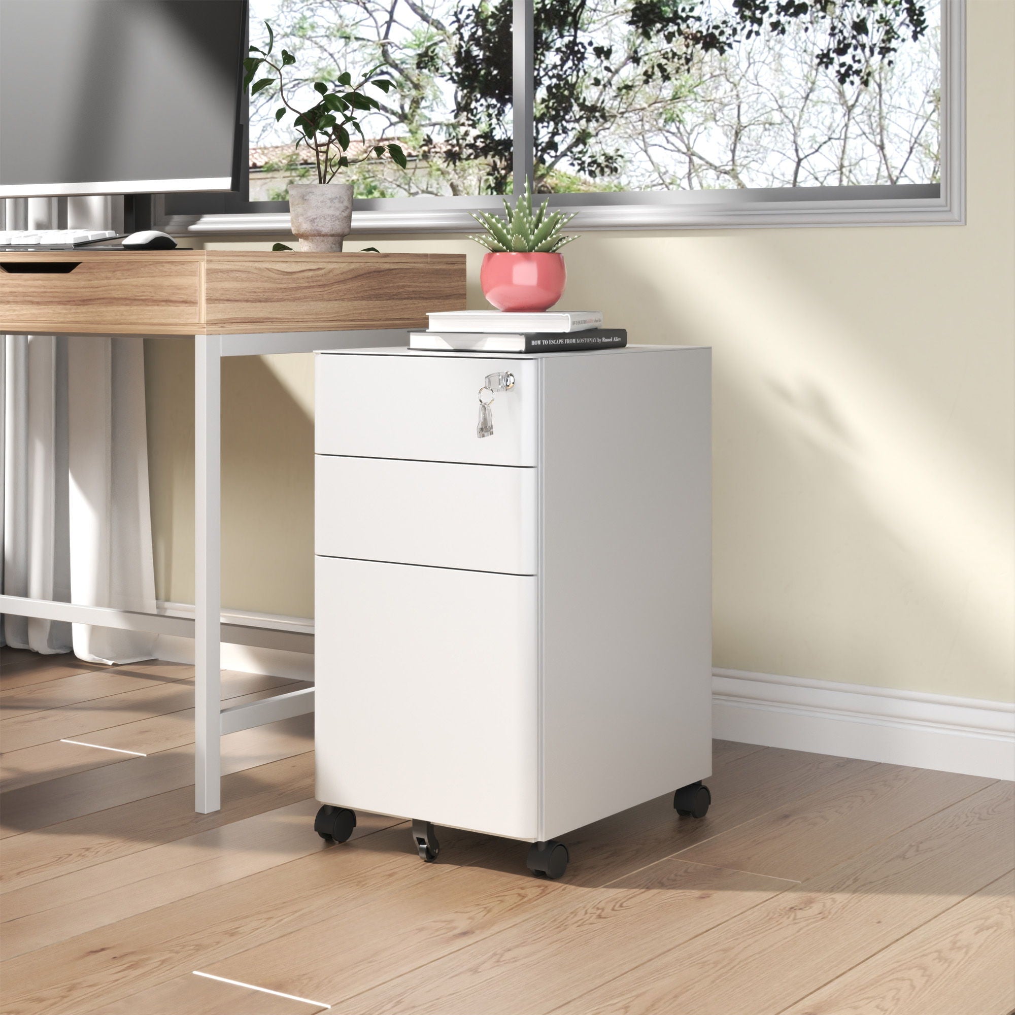 3-Drawer Mobile File Cabinet With Lock, On Wheels - White
