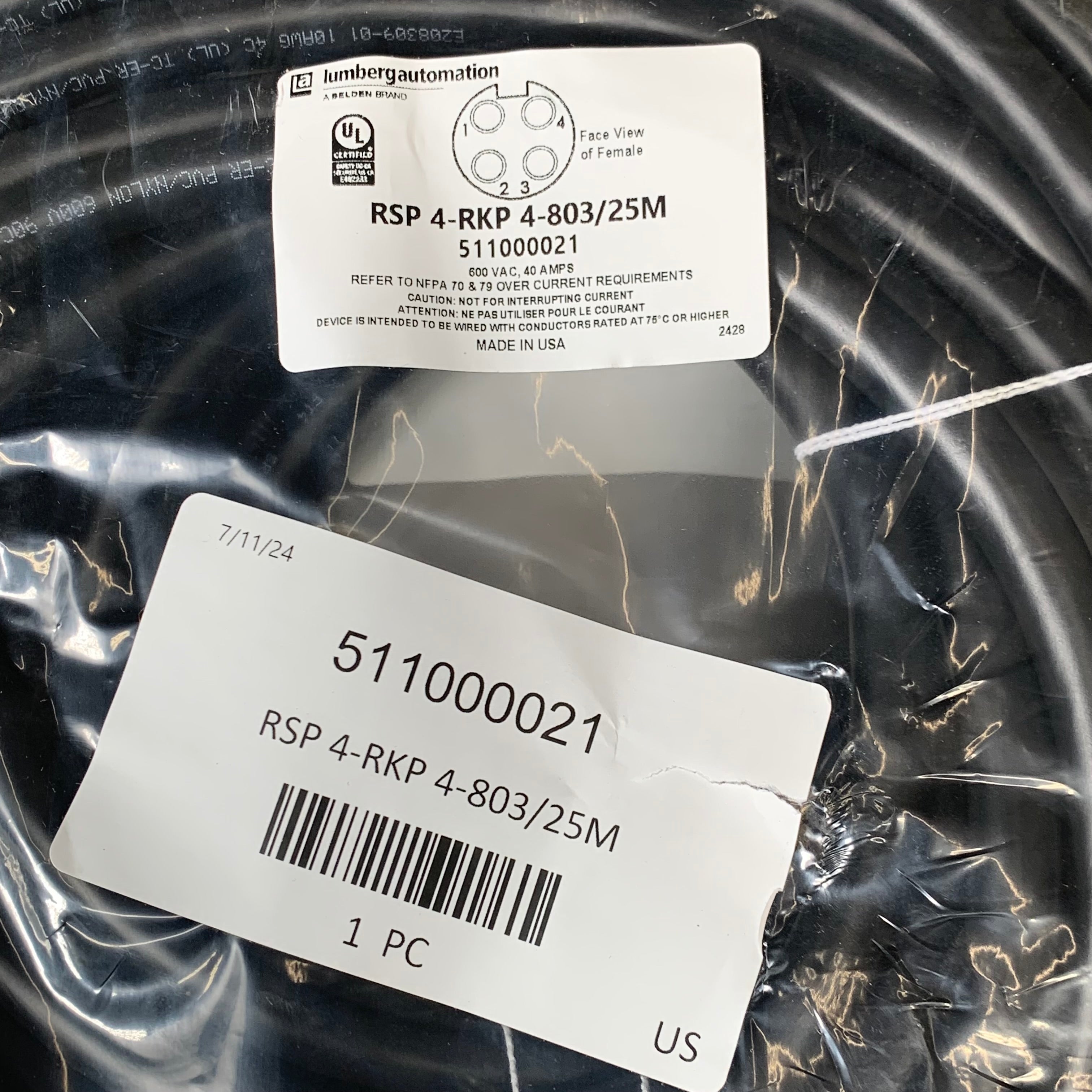 LUMBERG AUTOMATION Power Connector 600 VAC 40 AMPRSP 4-RKP 4-803/25M 511000021