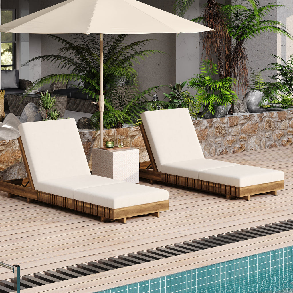 Lounge Chaise Set, Acacia Solid Wood with Cream Lounge Cushion