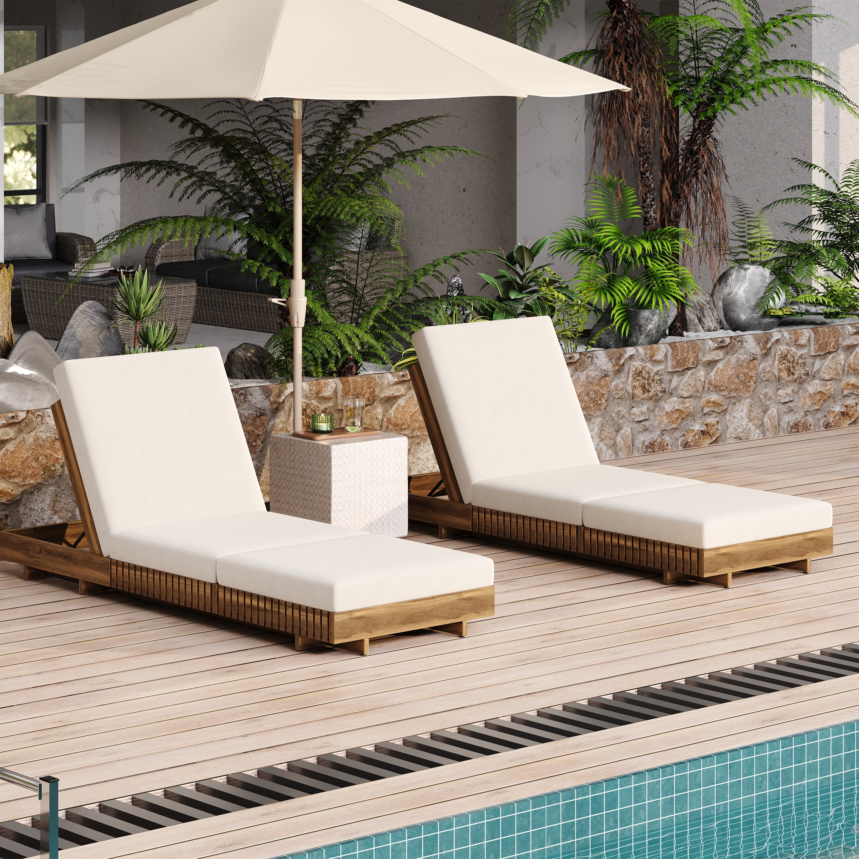 Lounge Chaise Set, Acacia Solid Wood with Cream Lounge Cushion