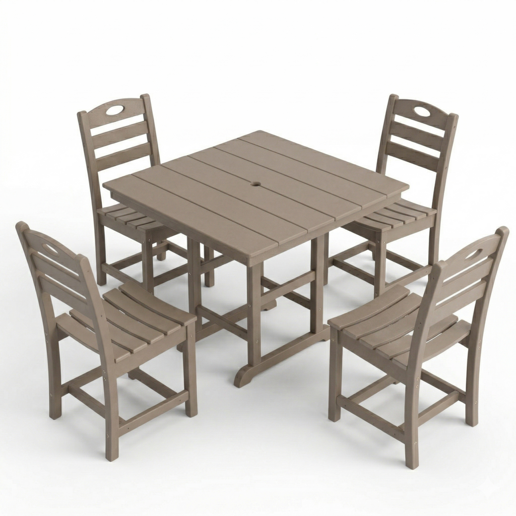 Antique Wood Color HDPE 5-Piece Outdoor Patio Dining Set with Square Table and 4 Armless Chairs, Umbrella Hole