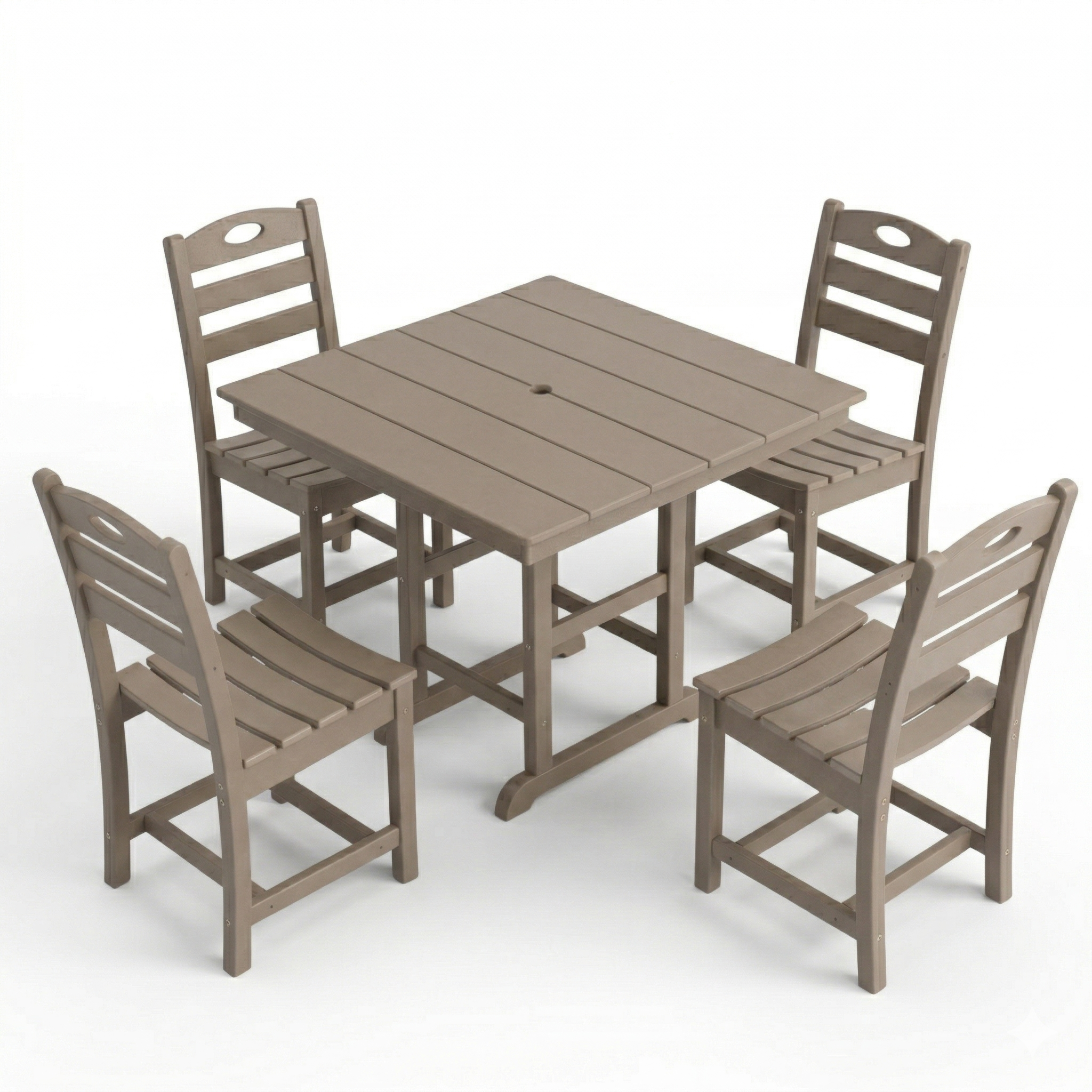 Antique Wood Color HDPE 5-Piece Outdoor Patio Dining Set with Square Table and 4 Armless Chairs, Umbrella Hole