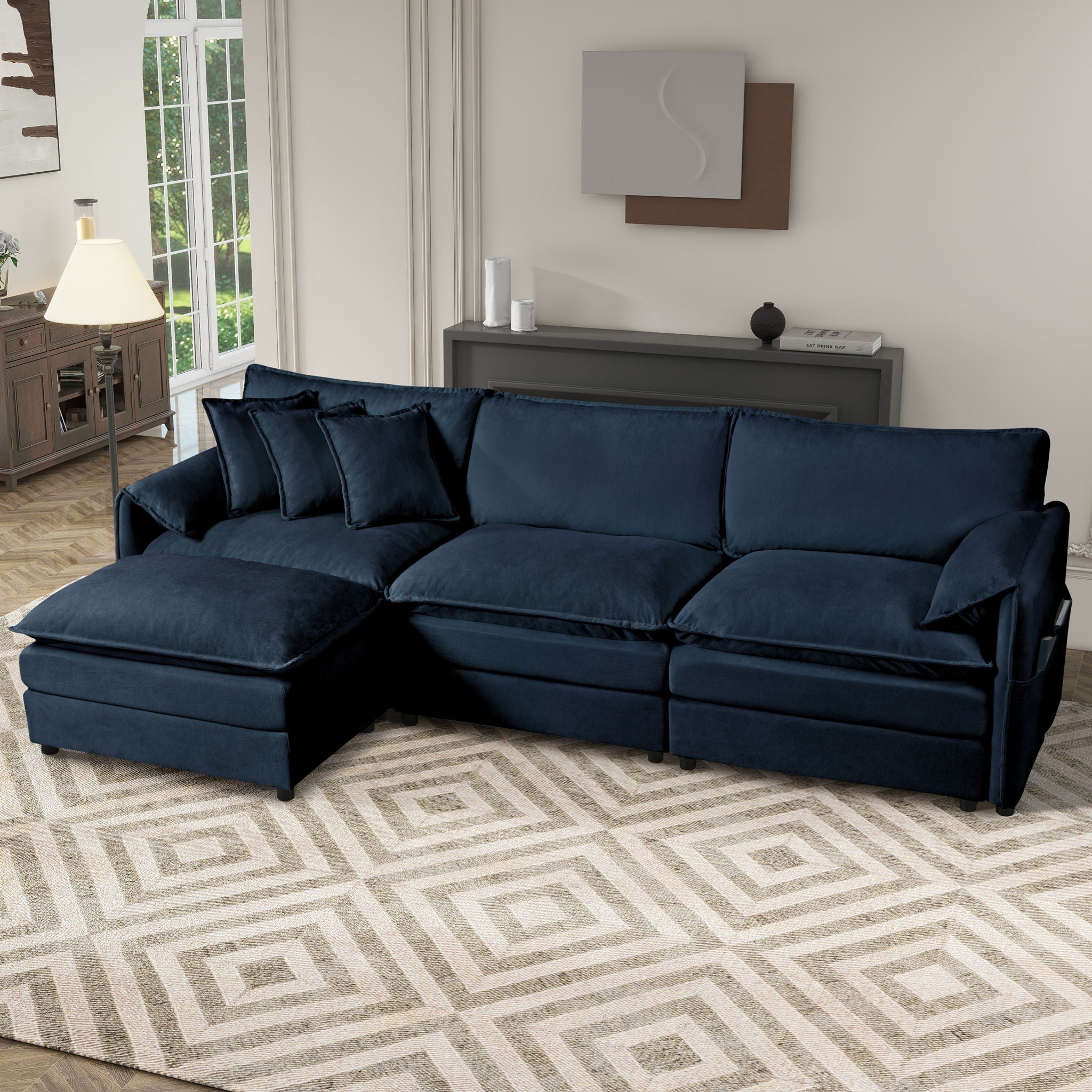 Modern Comfy Deep Seat Modular Sectional Sofa Cloud Couch With Ottoman