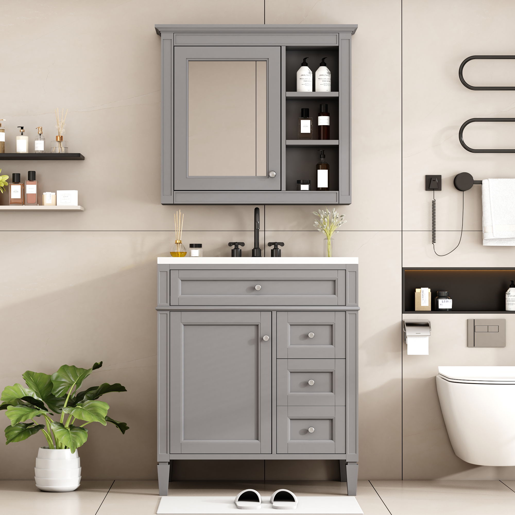 Bathroom Vanity With Top Sink, Storage Cabinet & Mirror - Gray