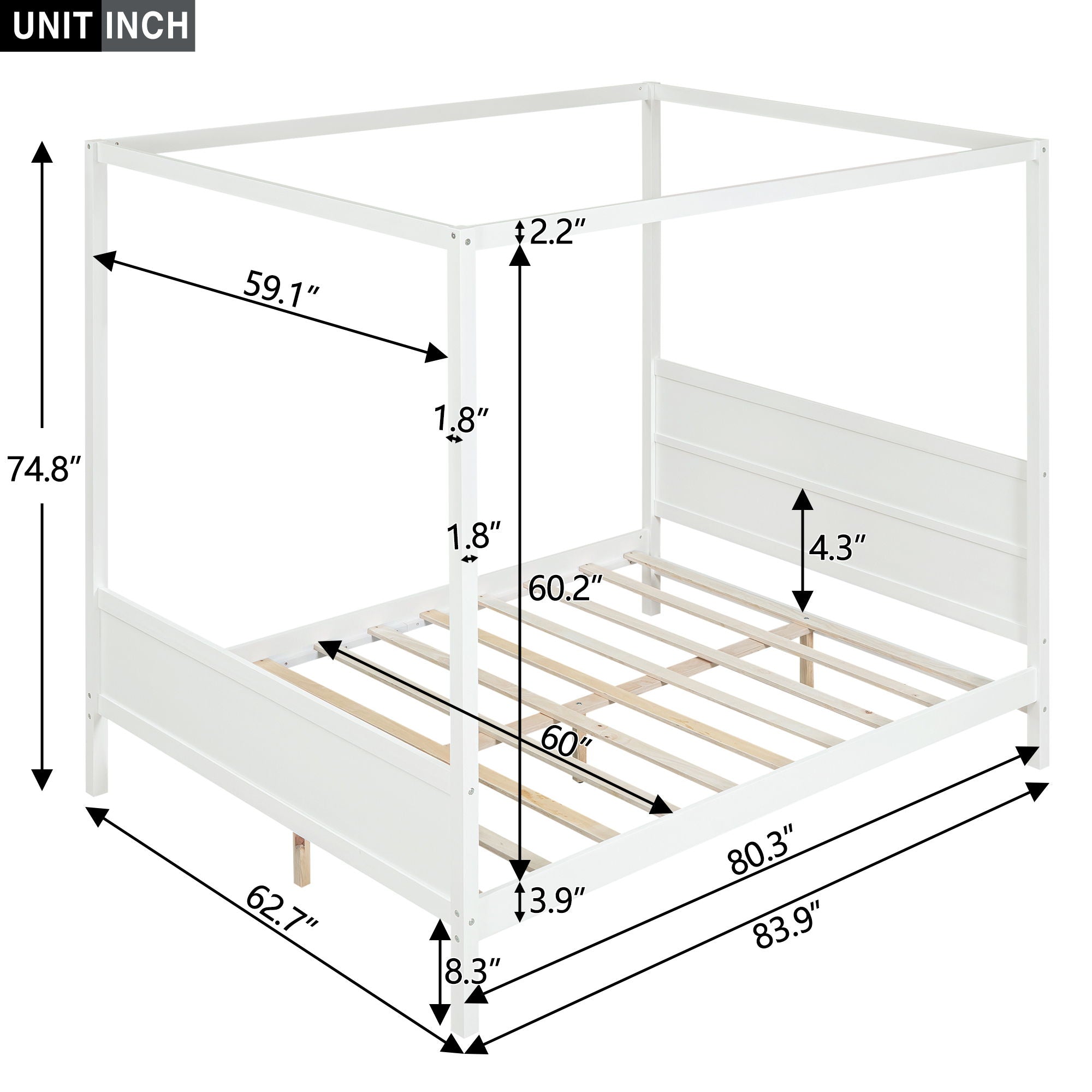 Canopy Platform Bed With Headboard And Footboard, Slat Support Leg