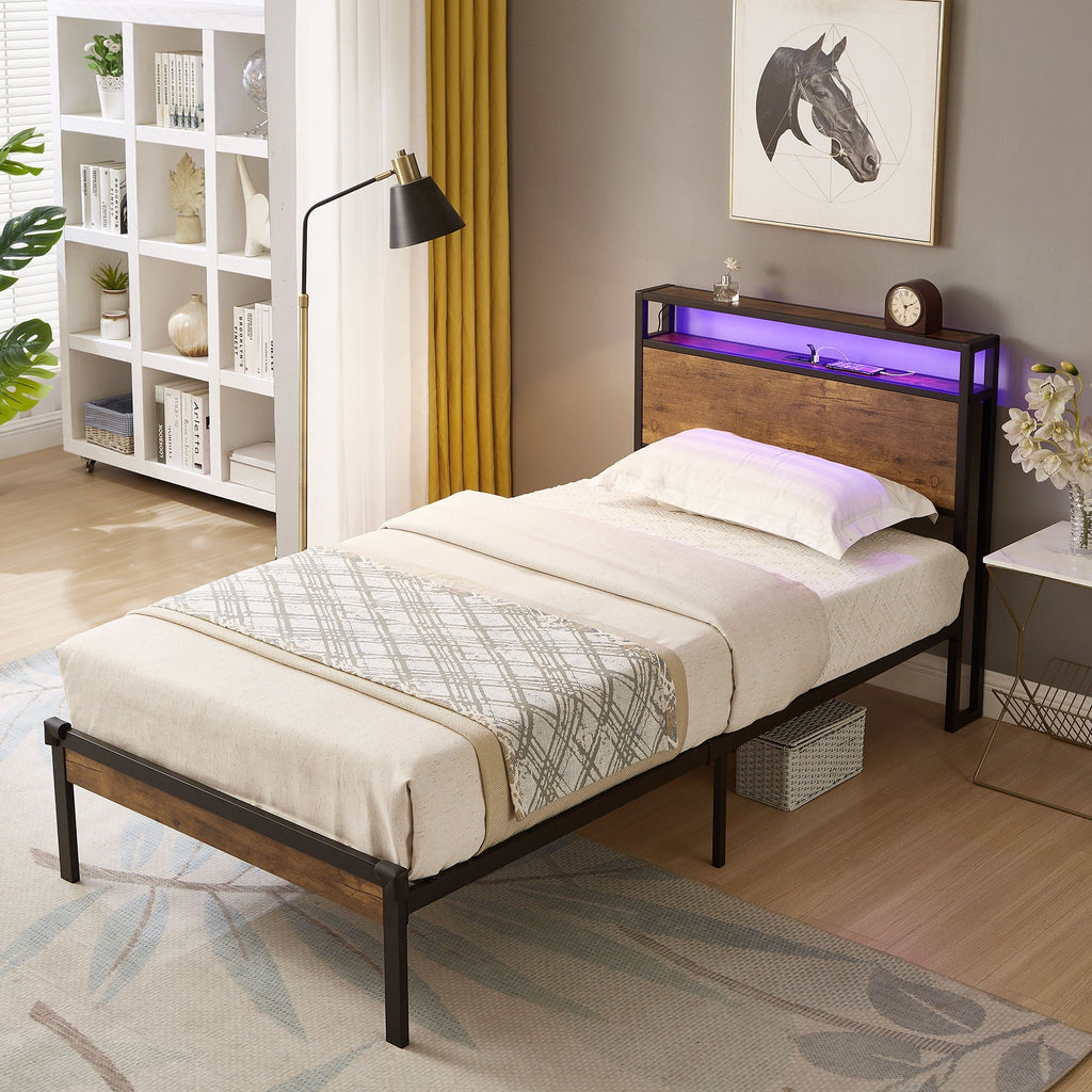 Twin Size Platform Bed Frame, LED Lights With Remote Control, USB Charging Port, Large Under Bed Storage - Black / Brown