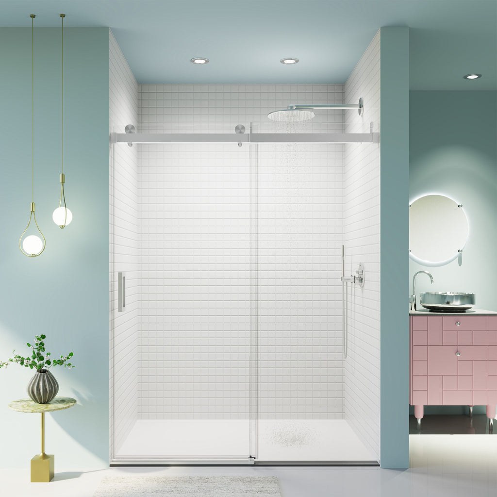 Frameless Single Sliding Soft Close Shower Doors, 3 / 8" Tempered Glass Reversible Installatio