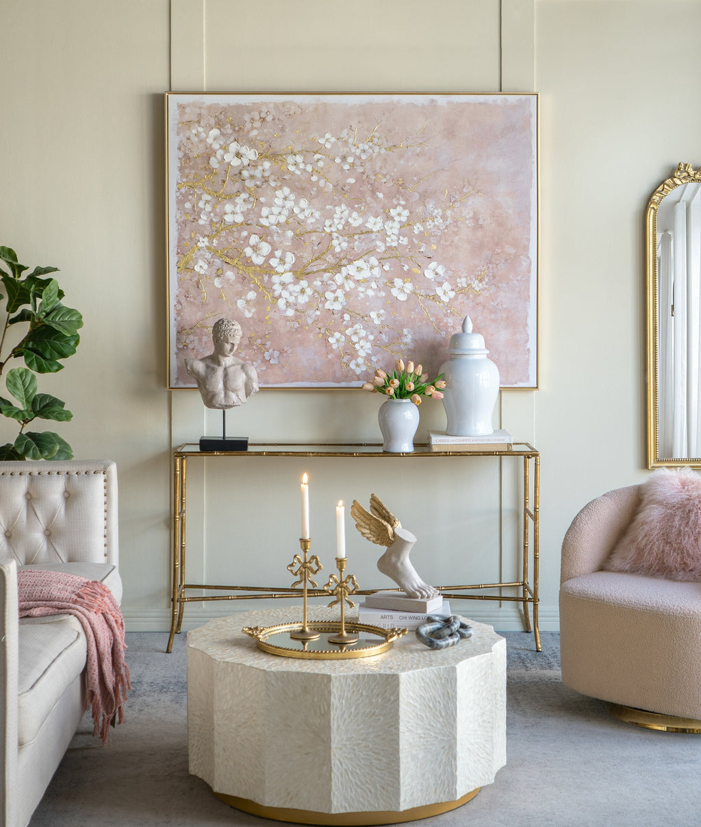 59.1x47.2 Hand-Painted Cherry Blossom Canvas Art with Blush Pink and White Finish