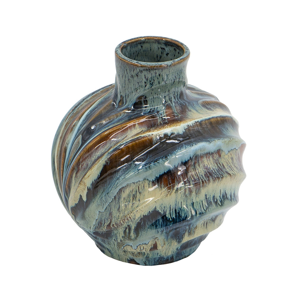9.4x9.4x11" Blue and Brown Reactive Glazed Accent Vase