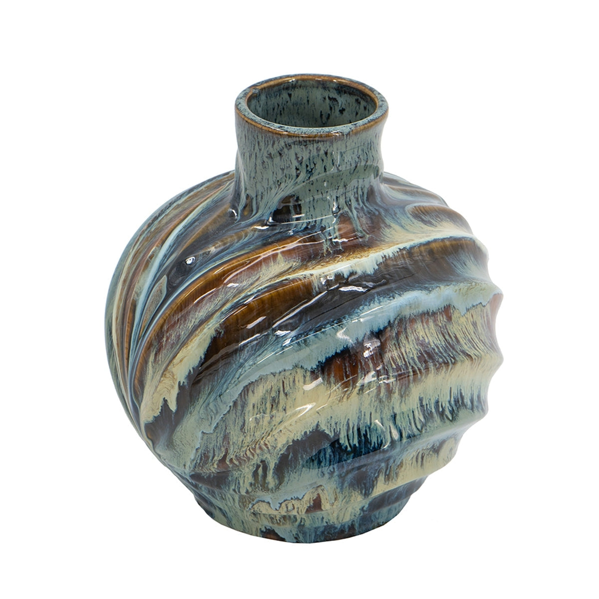 9.4x9.4x11" Blue and Brown Reactive Glazed Accent Vase
