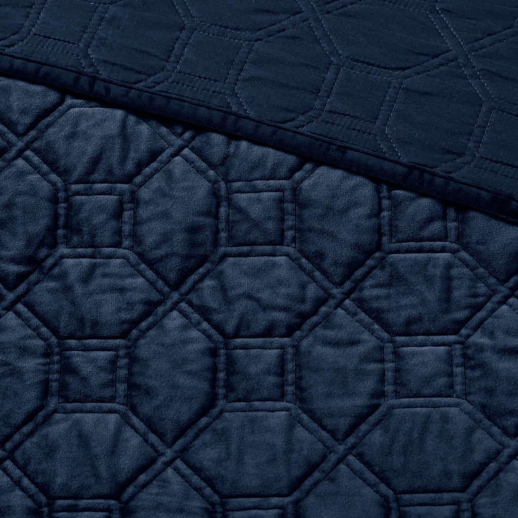 3 Piece Velvet Quilt Set Navy King/Cal King