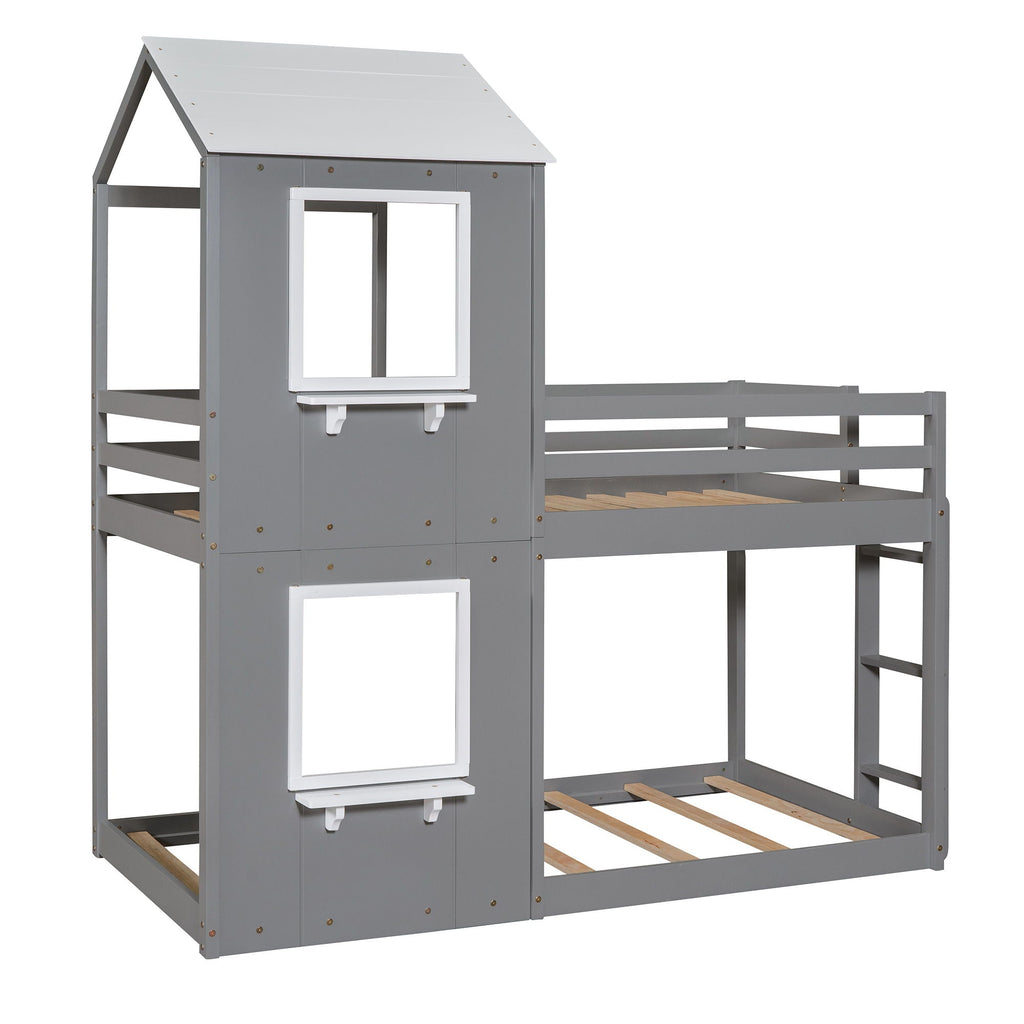 Bunk Bed Wood Bed & Roof, Window, Guardrail, Ladder