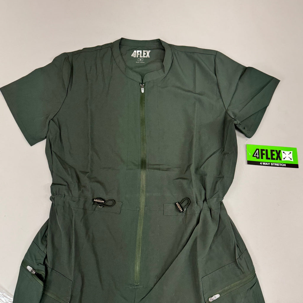 GREEN TOWN 4 Flex Scrubs Jumpsuit Cinch In Waist Women's Sz M Olive GFX-023AST