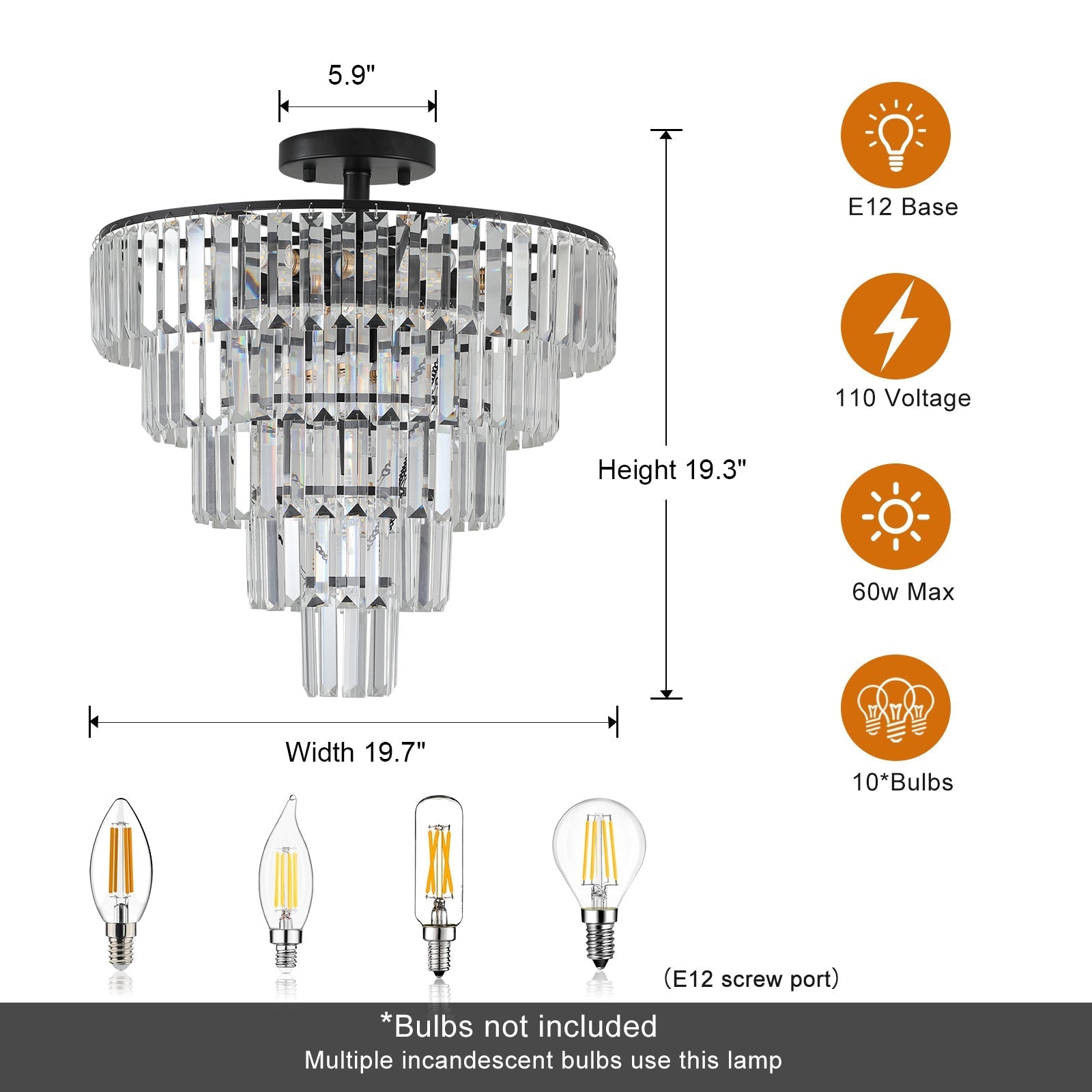 20" Black Crystal Chandelier Ceiling Light