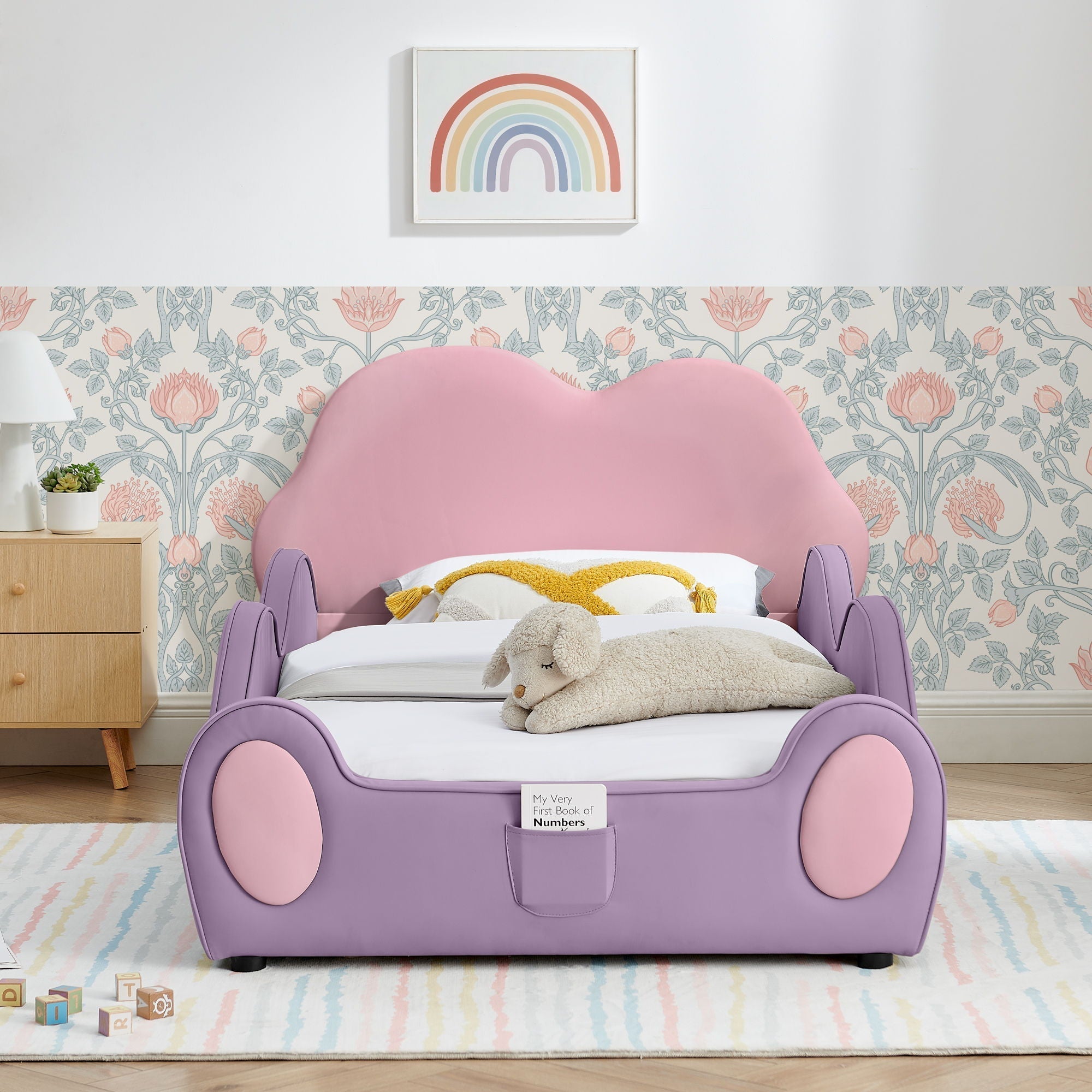 Cute Cloud Shape Bed With Guardrails Cartoon Design, Storage Pocket