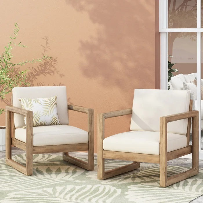 Set of 2 Outdoor Acacia Wood Patio Club Chairs with Beige Cushions
