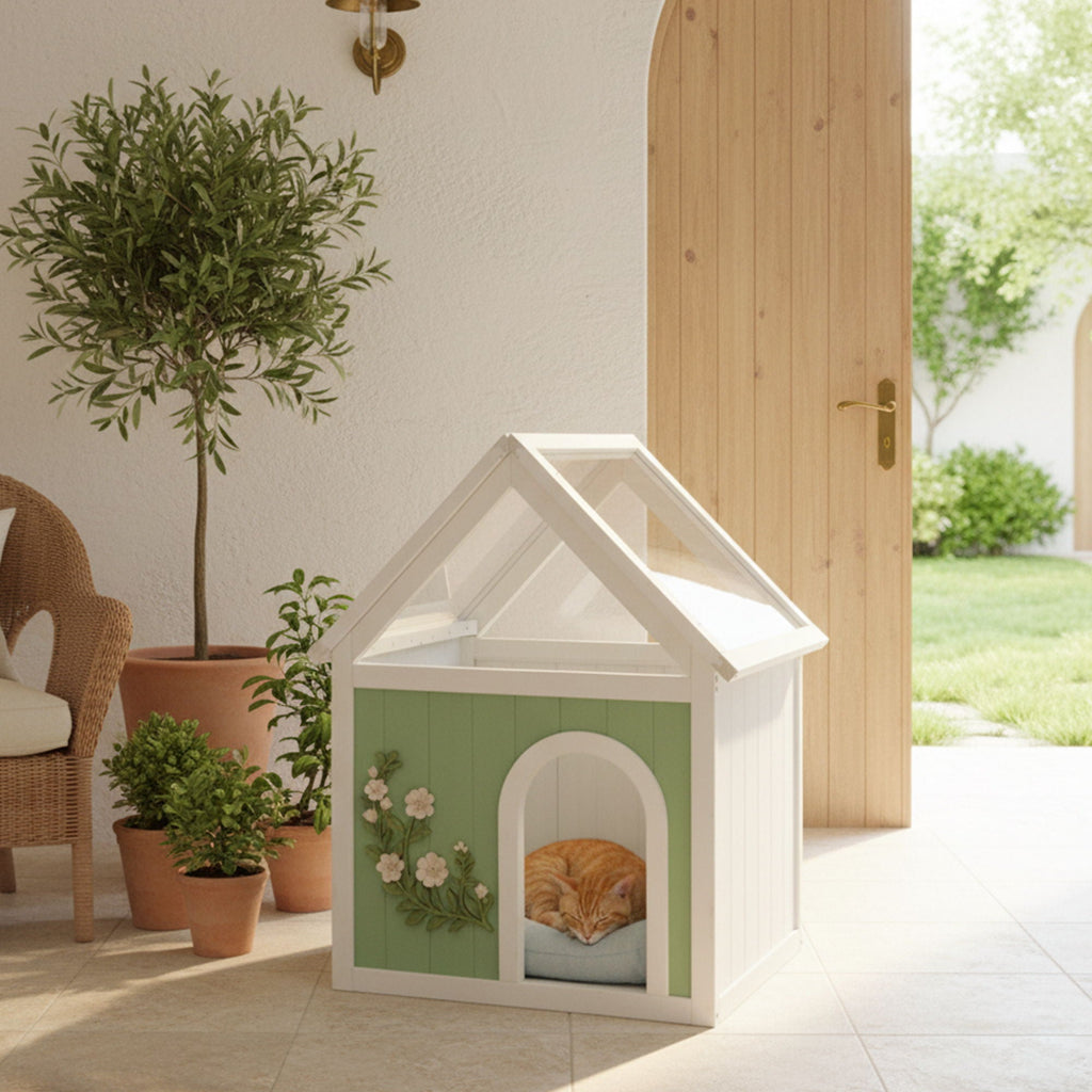 Indoor Cat House With Clear Roof Pet House For Small Cats & Dogs - Mint / White