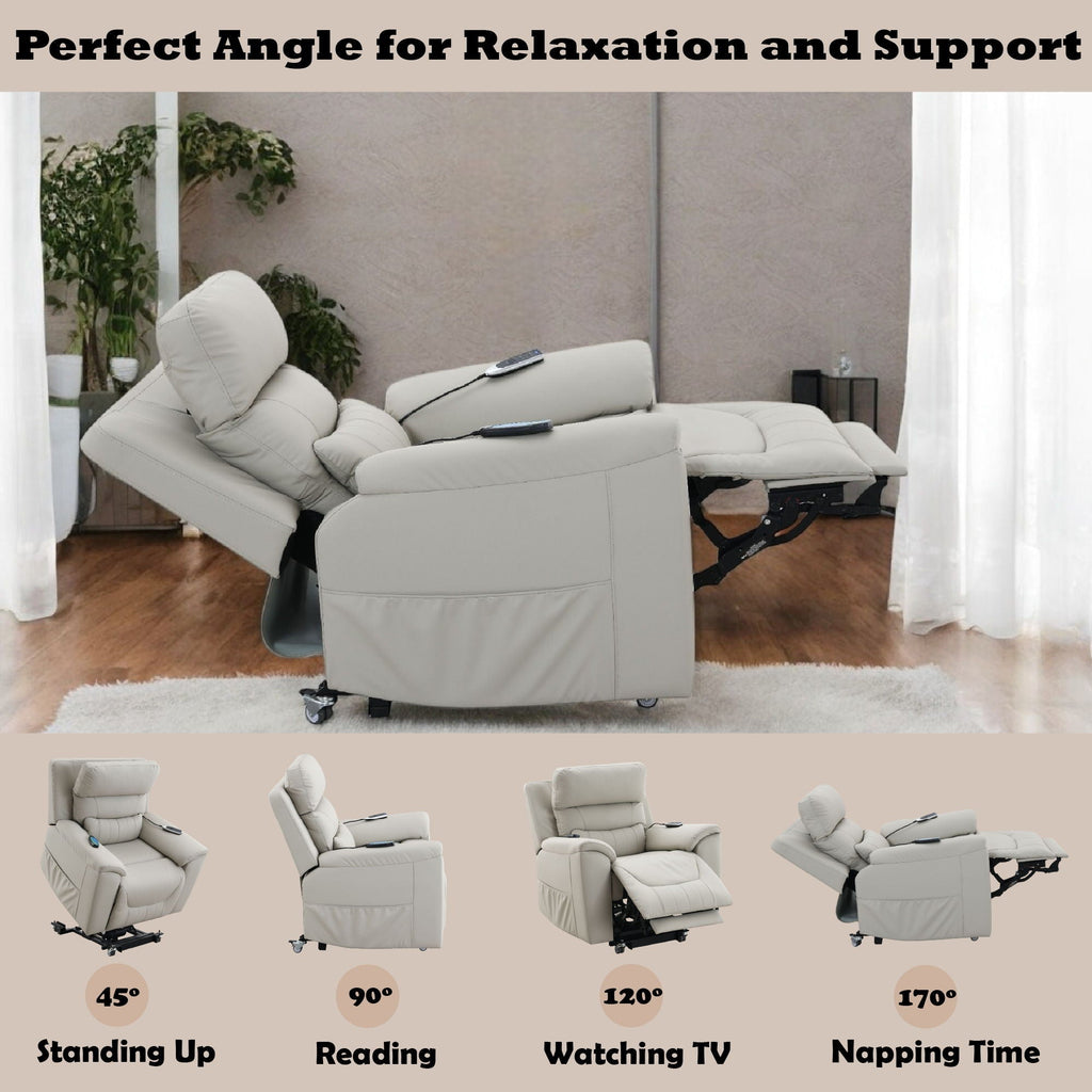 Marsha Silicone Synthetic Leather Power Motion Recliner with Lift Heating Massage Chair - Light Gray