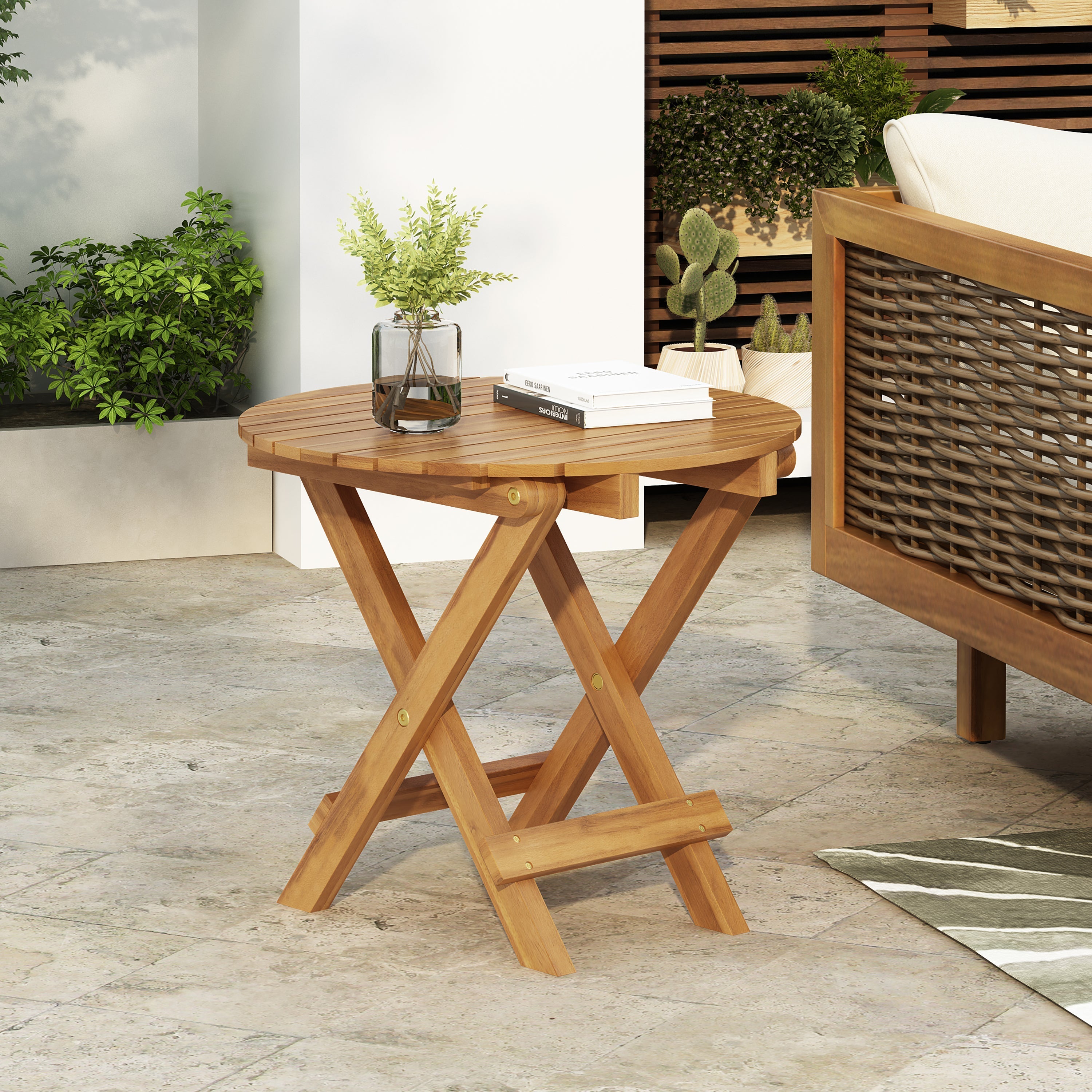 Patio Conversation Set with Foldable Acacia Wood Table and Cushioned Armchairs
