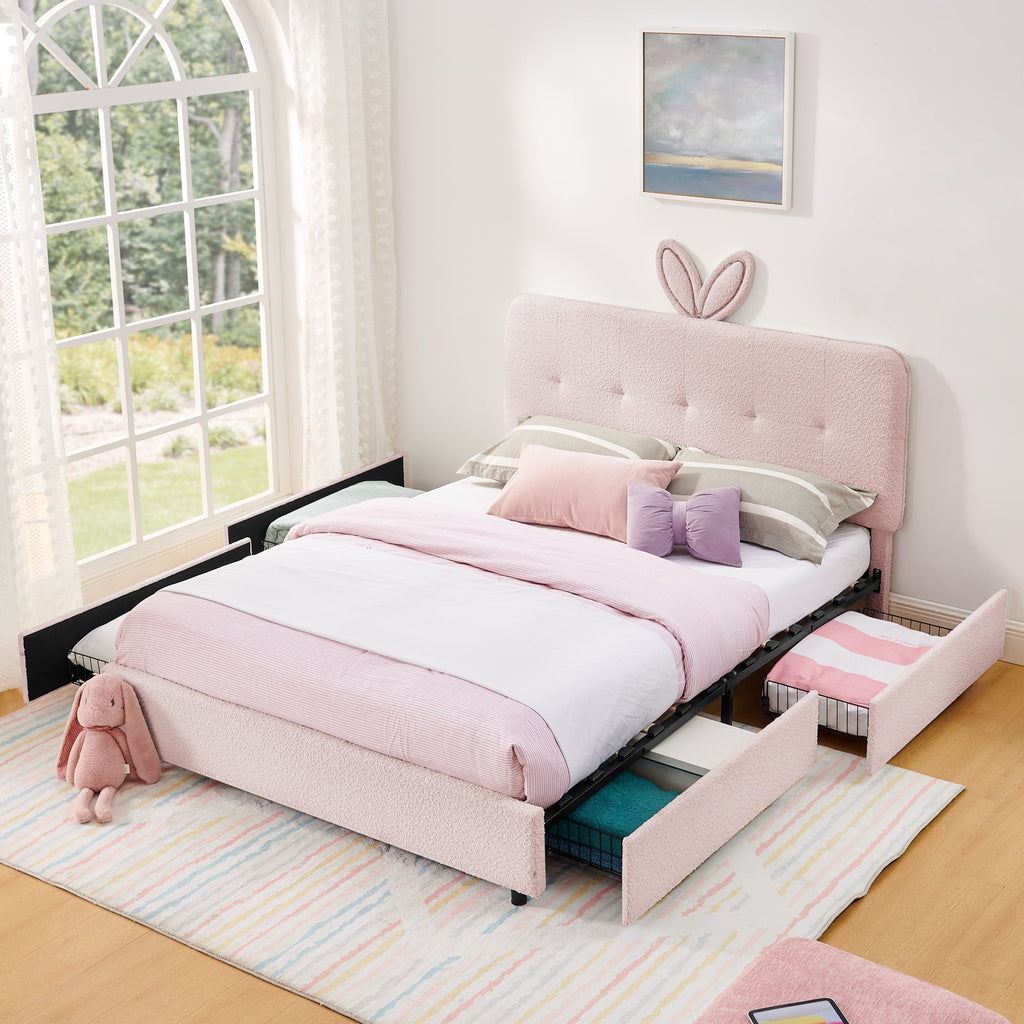 Queen Size Kids Upholstered Bed with Rabbit Ear Headboard & Storage