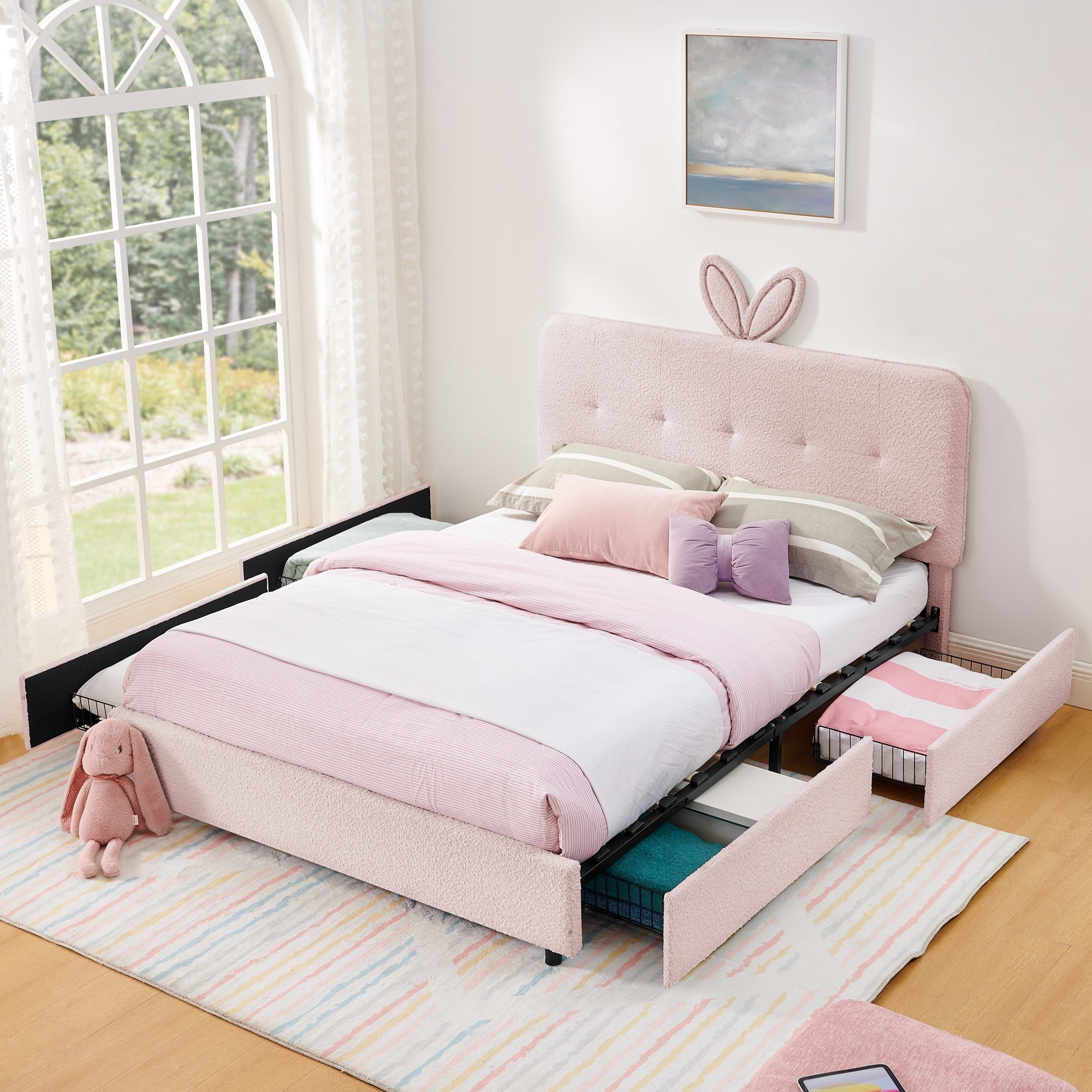 Queen Size Kids Upholstered Bed with Rabbit Ear Headboard & Storage