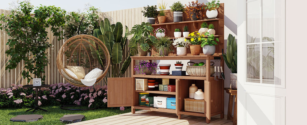 TOPMAX Potting Bench with Hutch, 50.2' Solid Fir Wood Garden Workstation