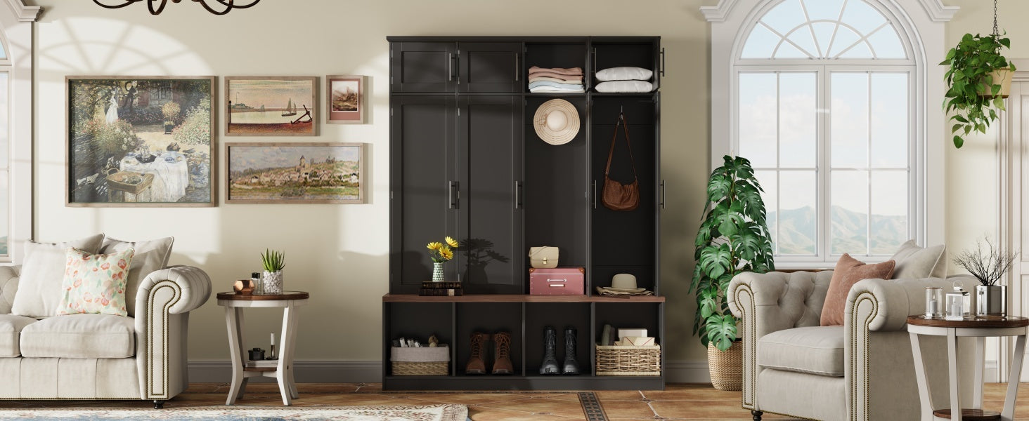 Farmhouse Hall Tree with 4 Hidden Hanging Hooks and Storage Bench