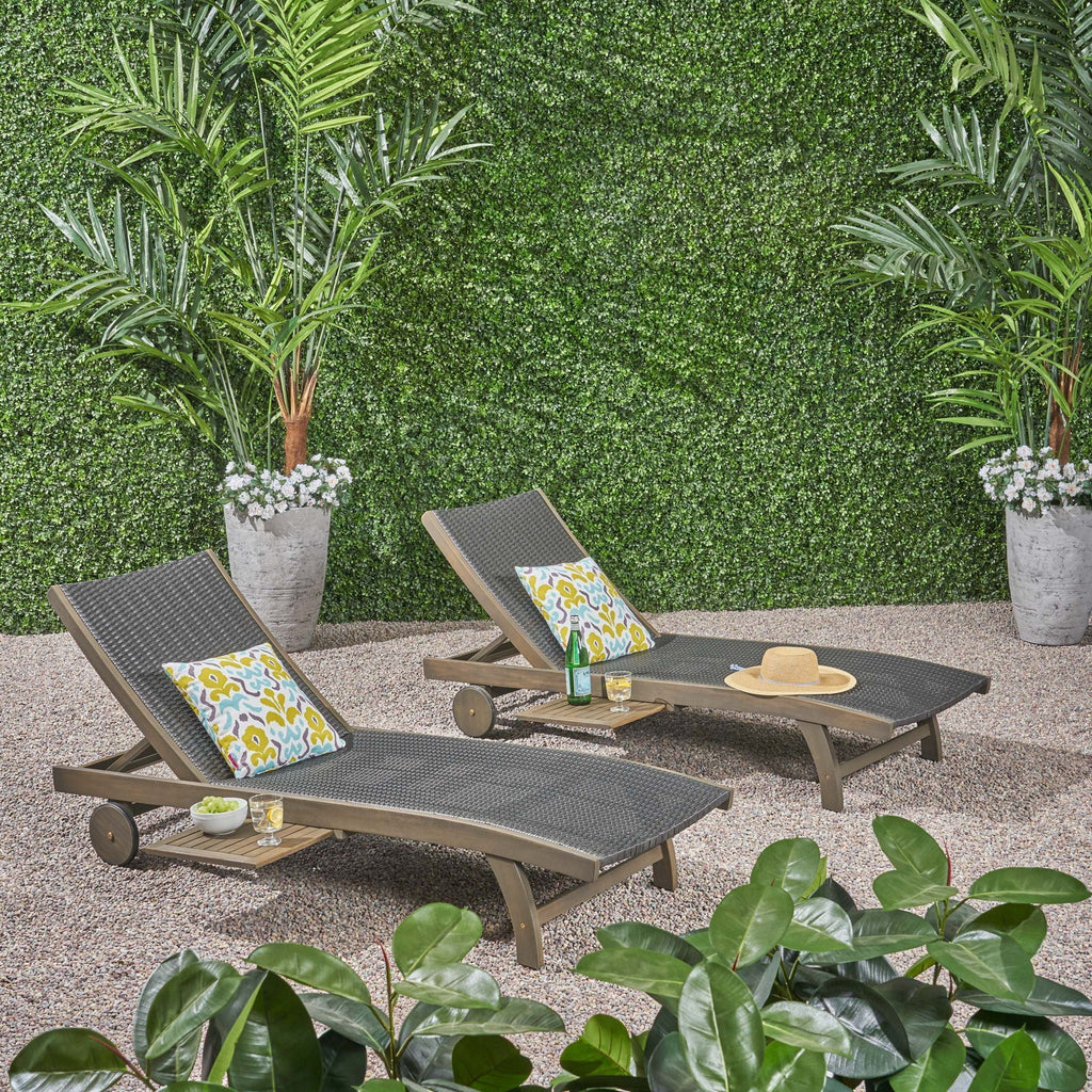 Outdoor Chaise Lounge with Pull-Out Tray and Wicker Seat - Gray