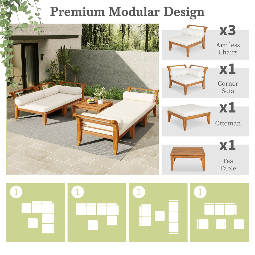 6 Piece Acacia Wood Outdoor Modular Sectional with Daybed and Tea Table