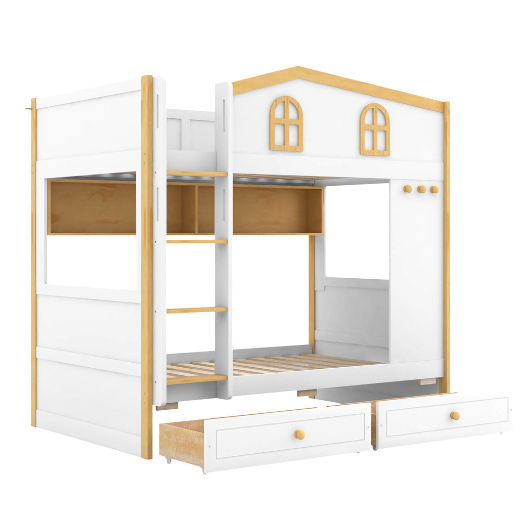 Twin Over Twin Bunk Bed With House Shaped Guardrails, Storage Shelves & Drawers - White / Natural