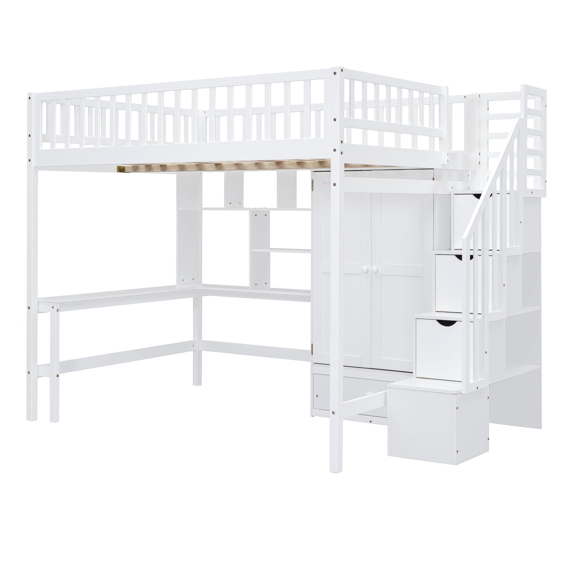 Loft Bed With Bookshelf, Drawers, Desk, And Wardrobe