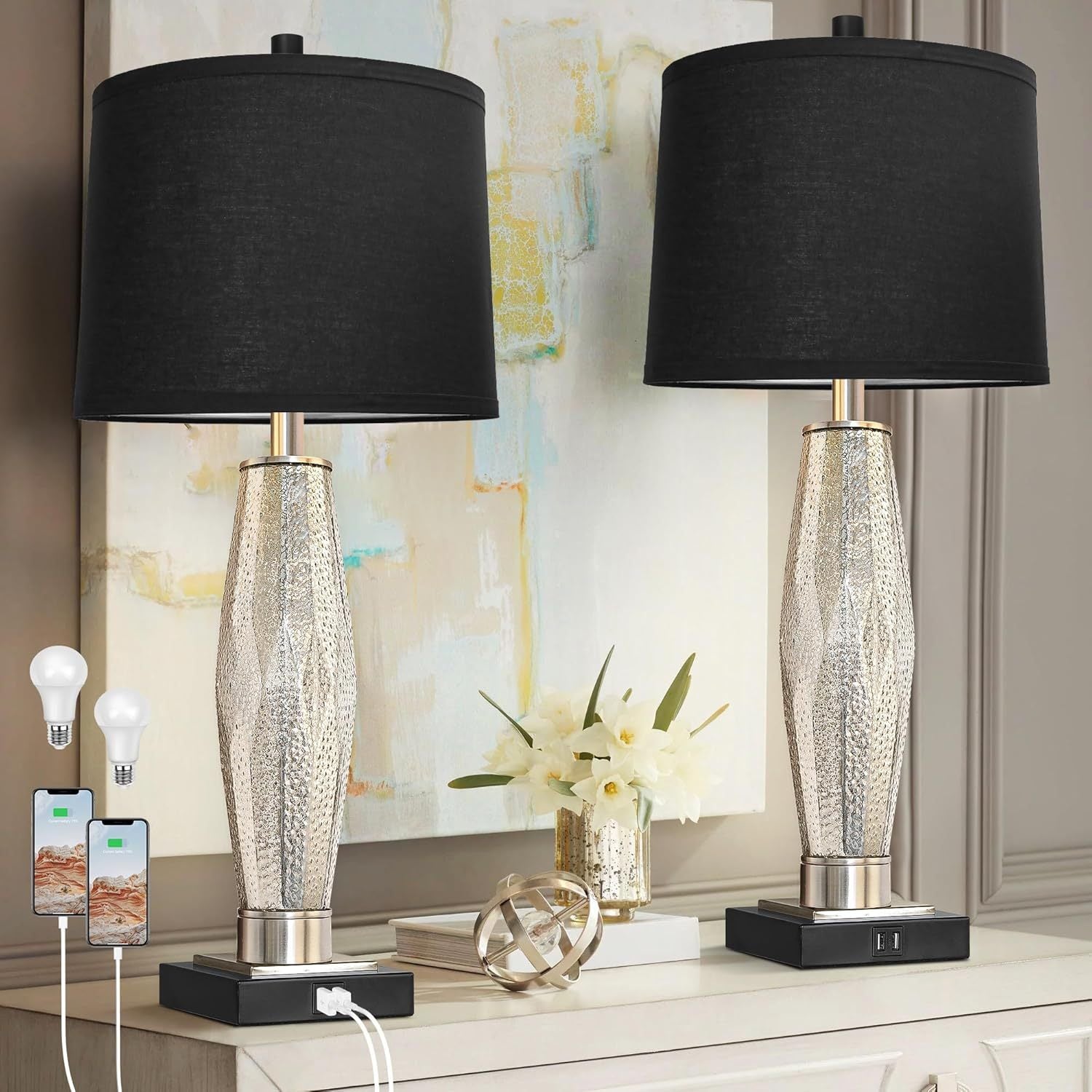Table Lamps Set of 2 with USB Charging Ports