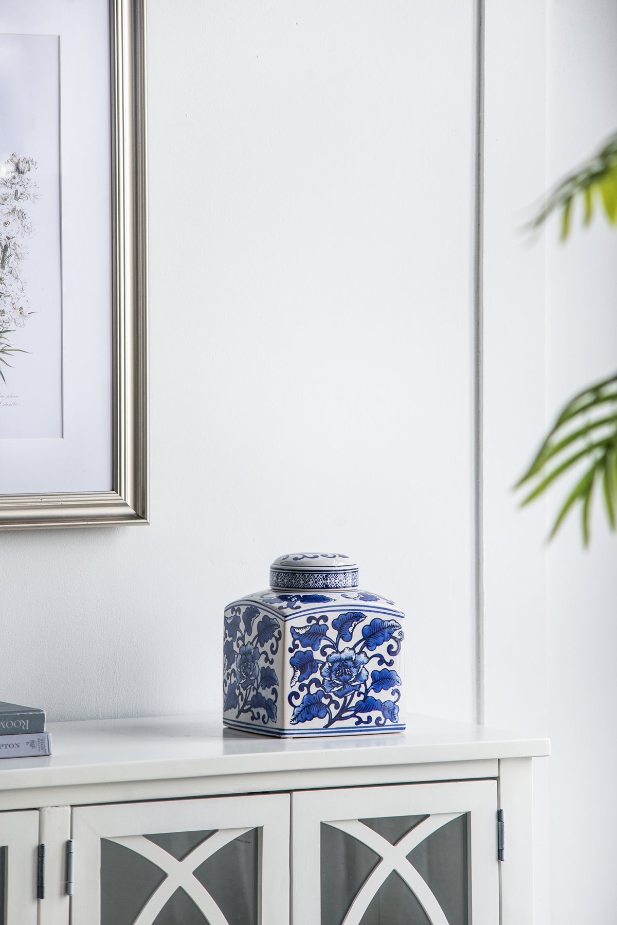 5x5x8' Hand Painted Square Canister with Blue and White Floral Pattern