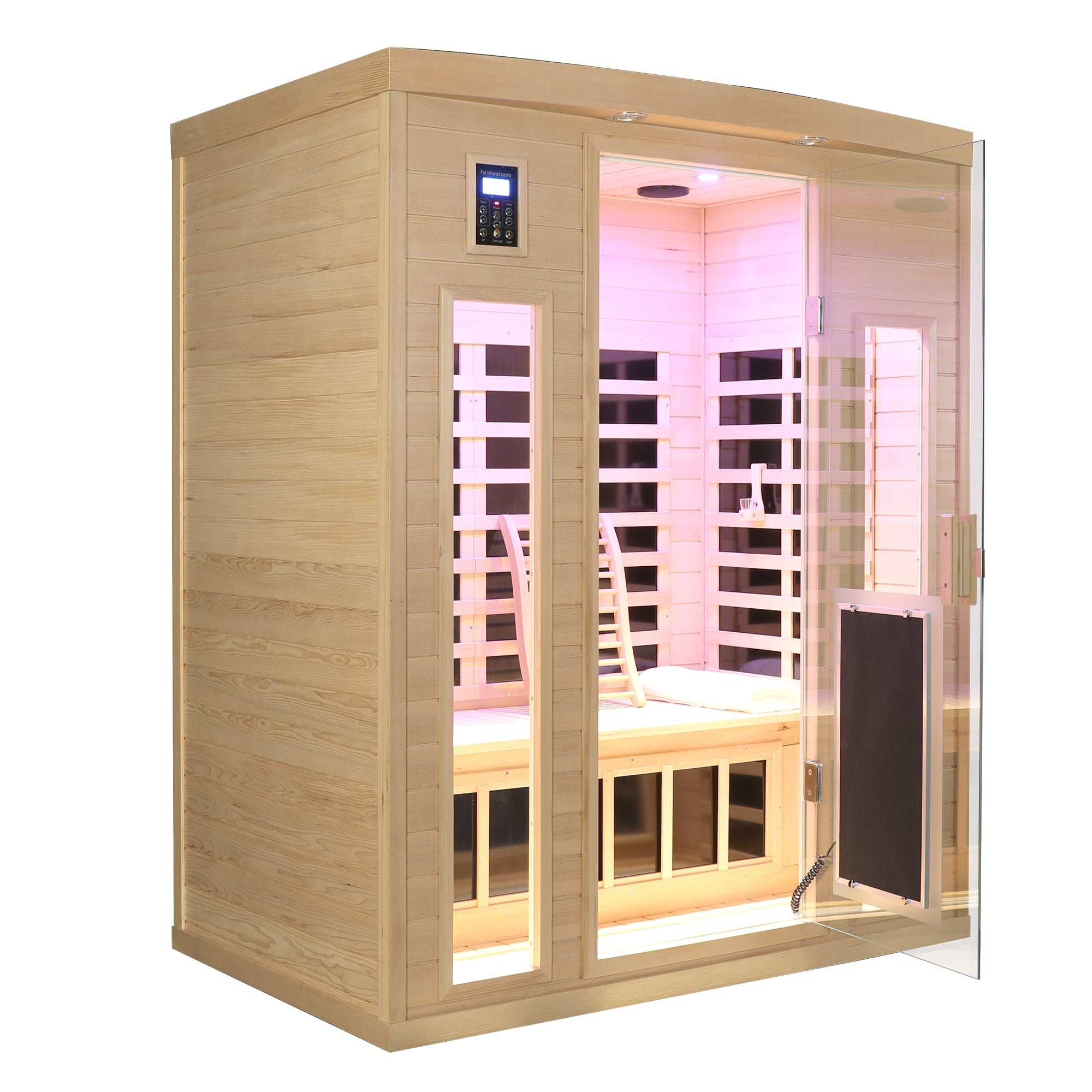 Low EMF, There is also a heating plate on the glass door, Hemlock wood Far-infrared indoor Three person sauna room