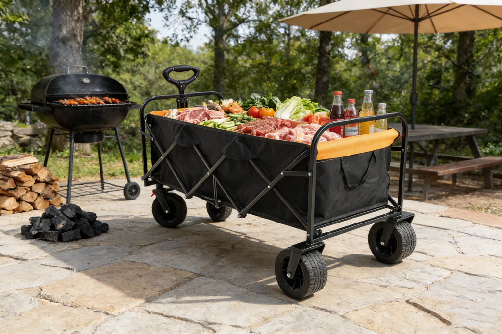 Big Large Capacity Folding Wagon Cart with Extender (Black + Orange)