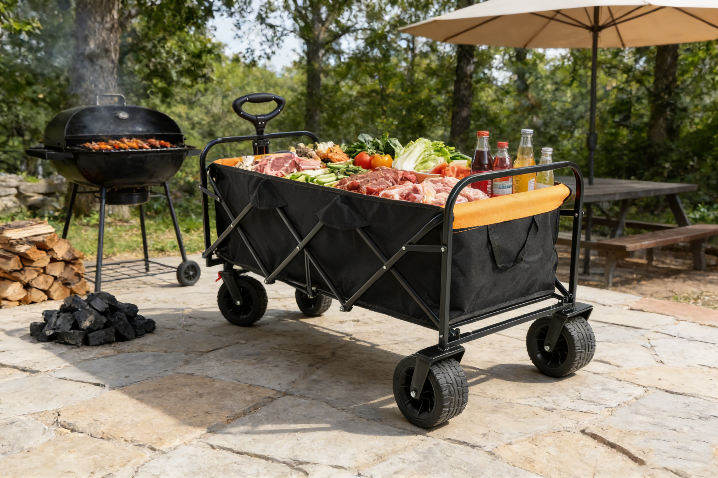 Big Large Capacity Folding Wagon Cart with Extender (Black + Orange)