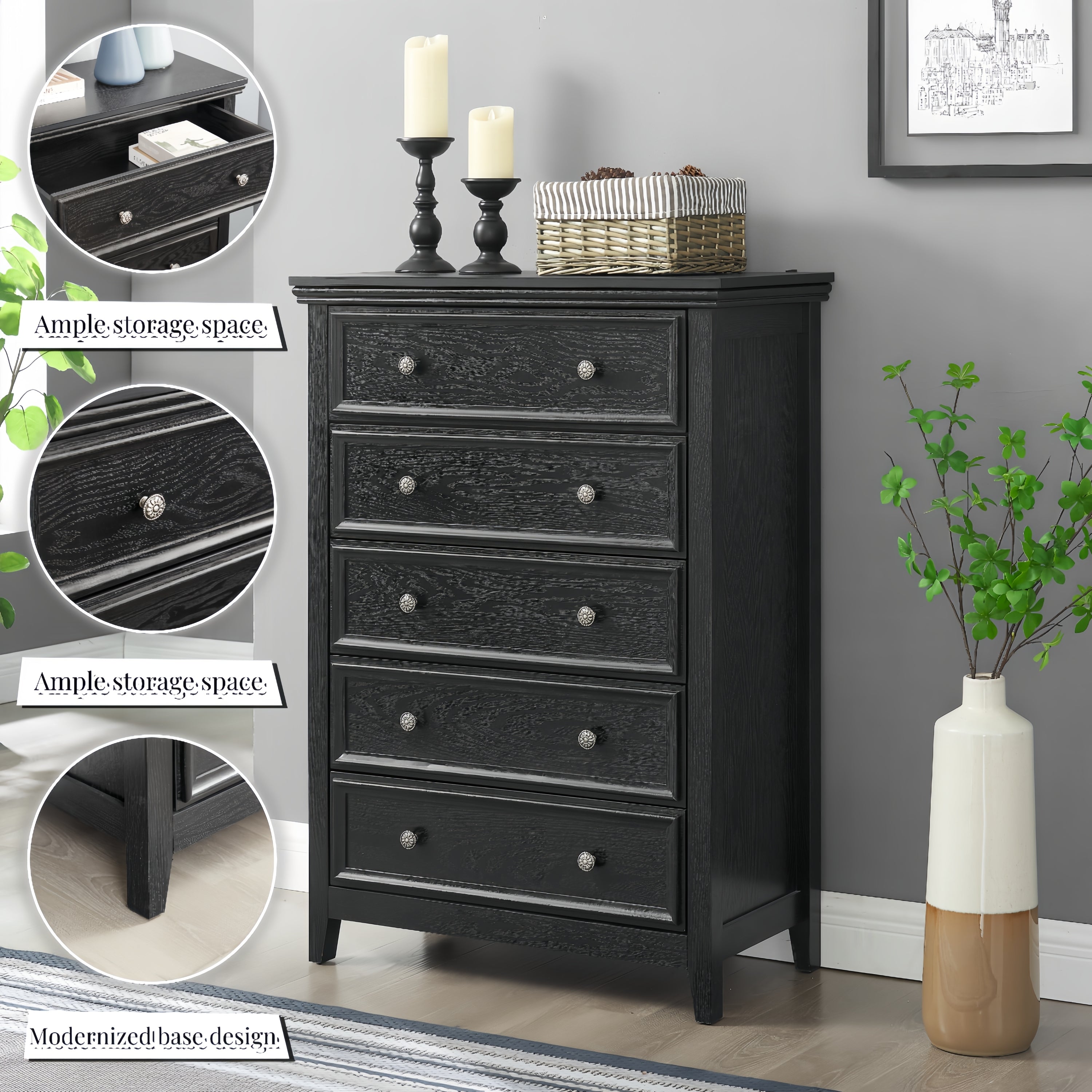Modern 5-Drawer Black Dresser for Living Room Storage