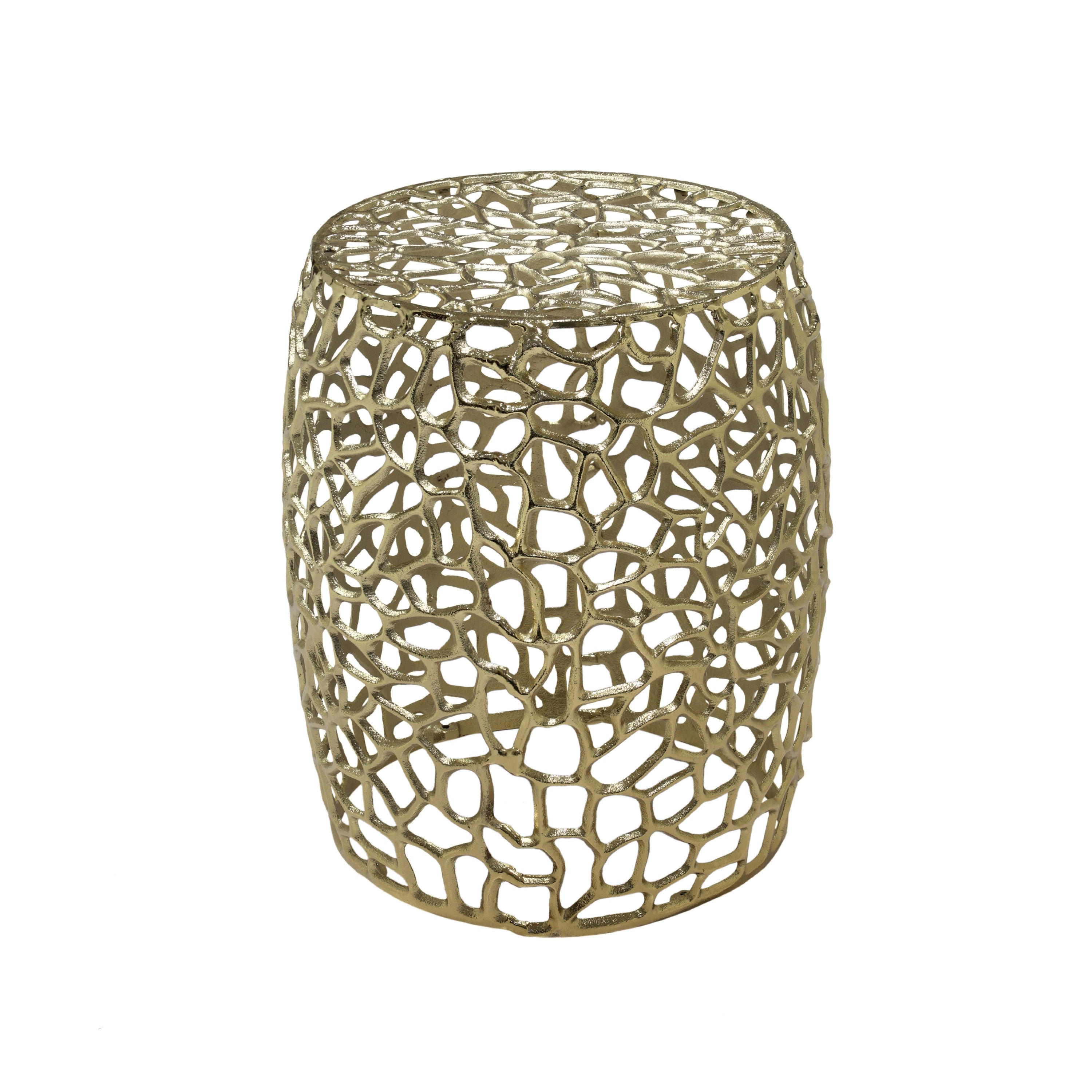 Aluminum Drum End Table with Intricate Design in Gold