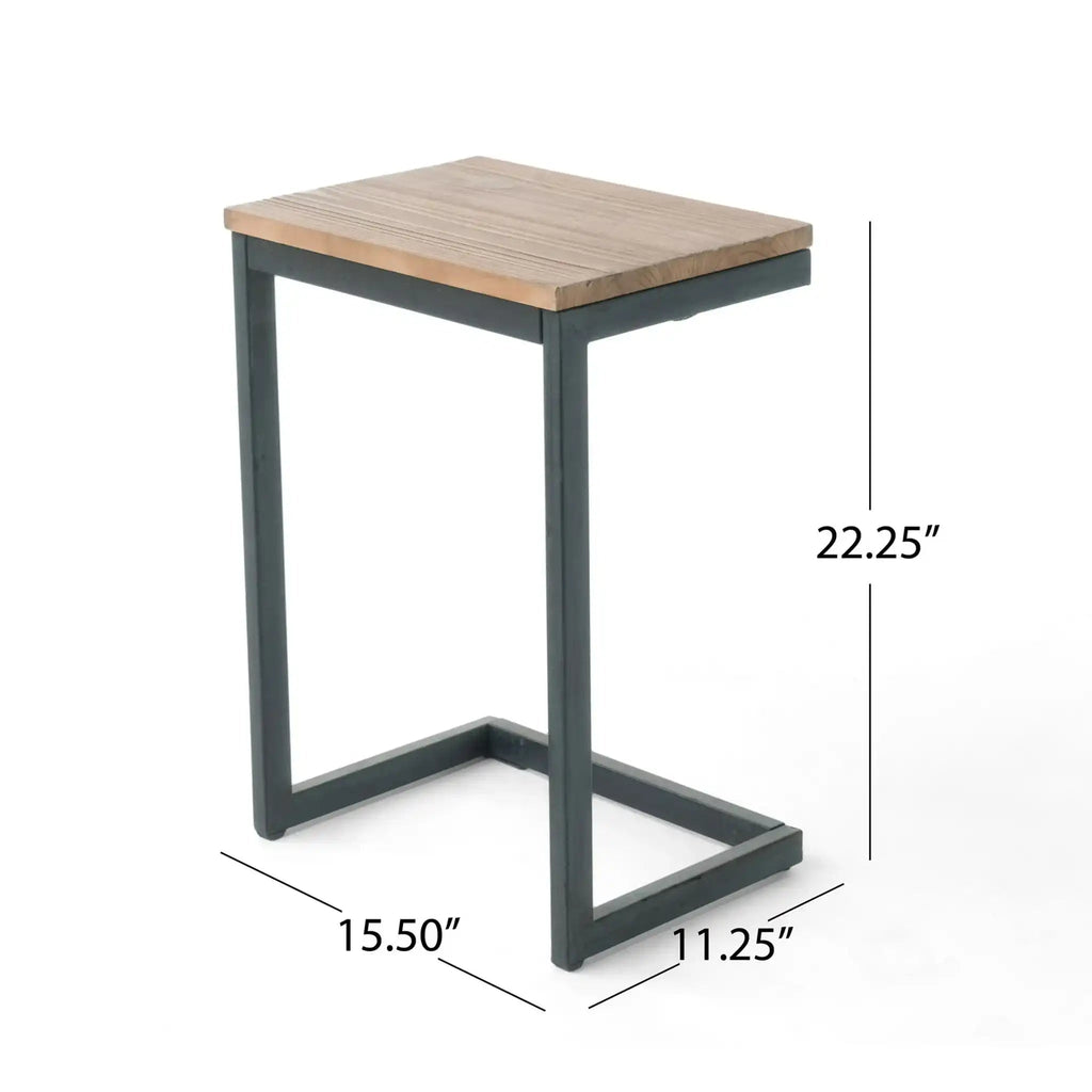 C Shaped End Table With Iron Base And Fir Wood Top