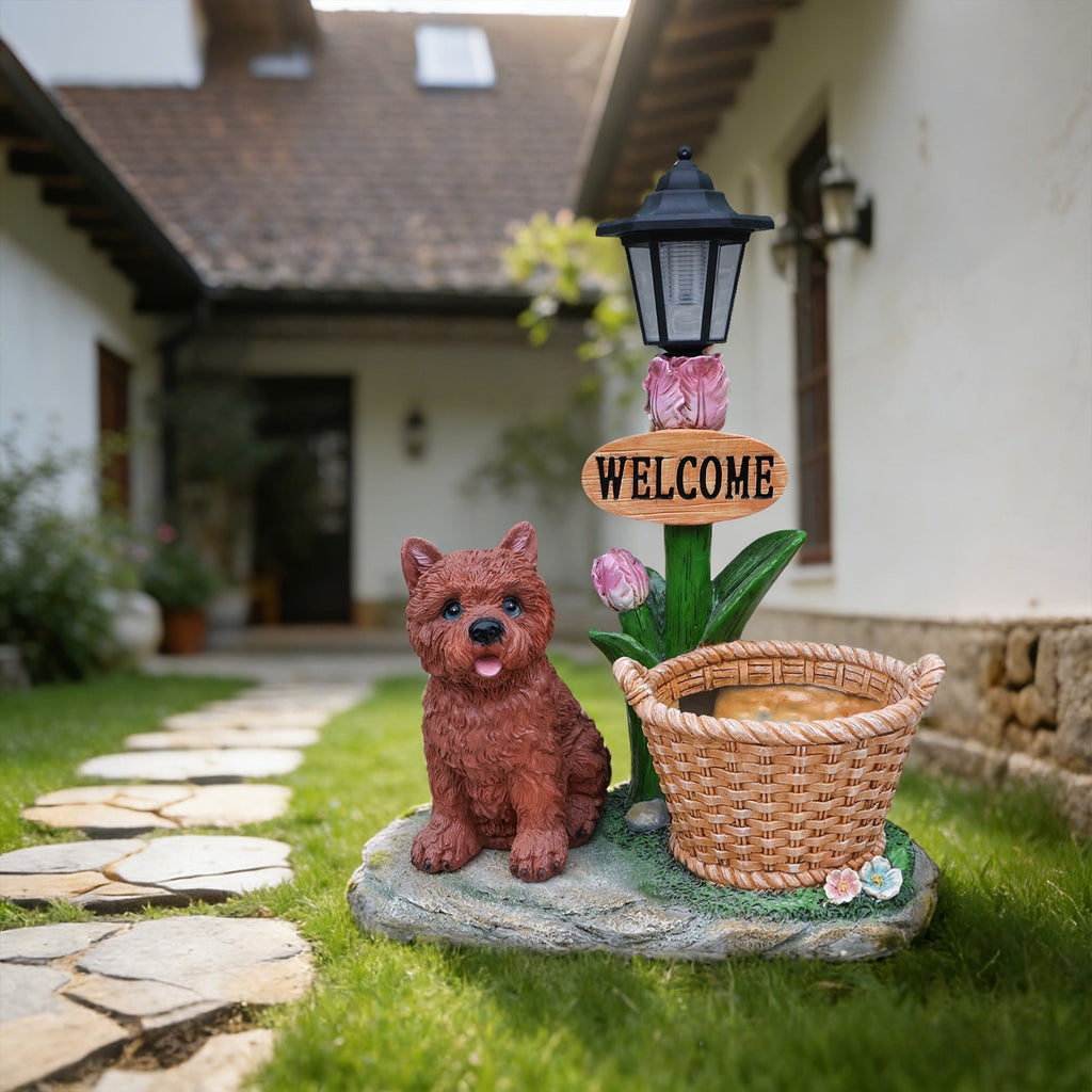 Sitting Puppy Solar Planter Outdoor Statue
