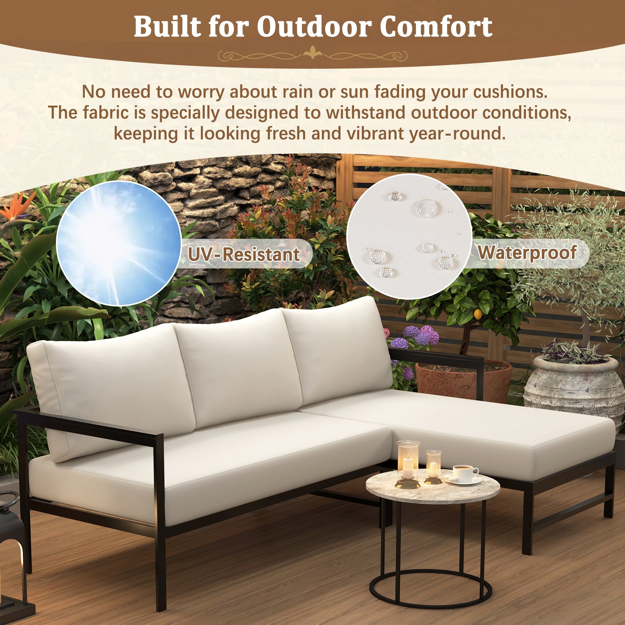 U_style Outdoor L-Shaped Sofa with Iron Frame and Ultra-Thick Cushions