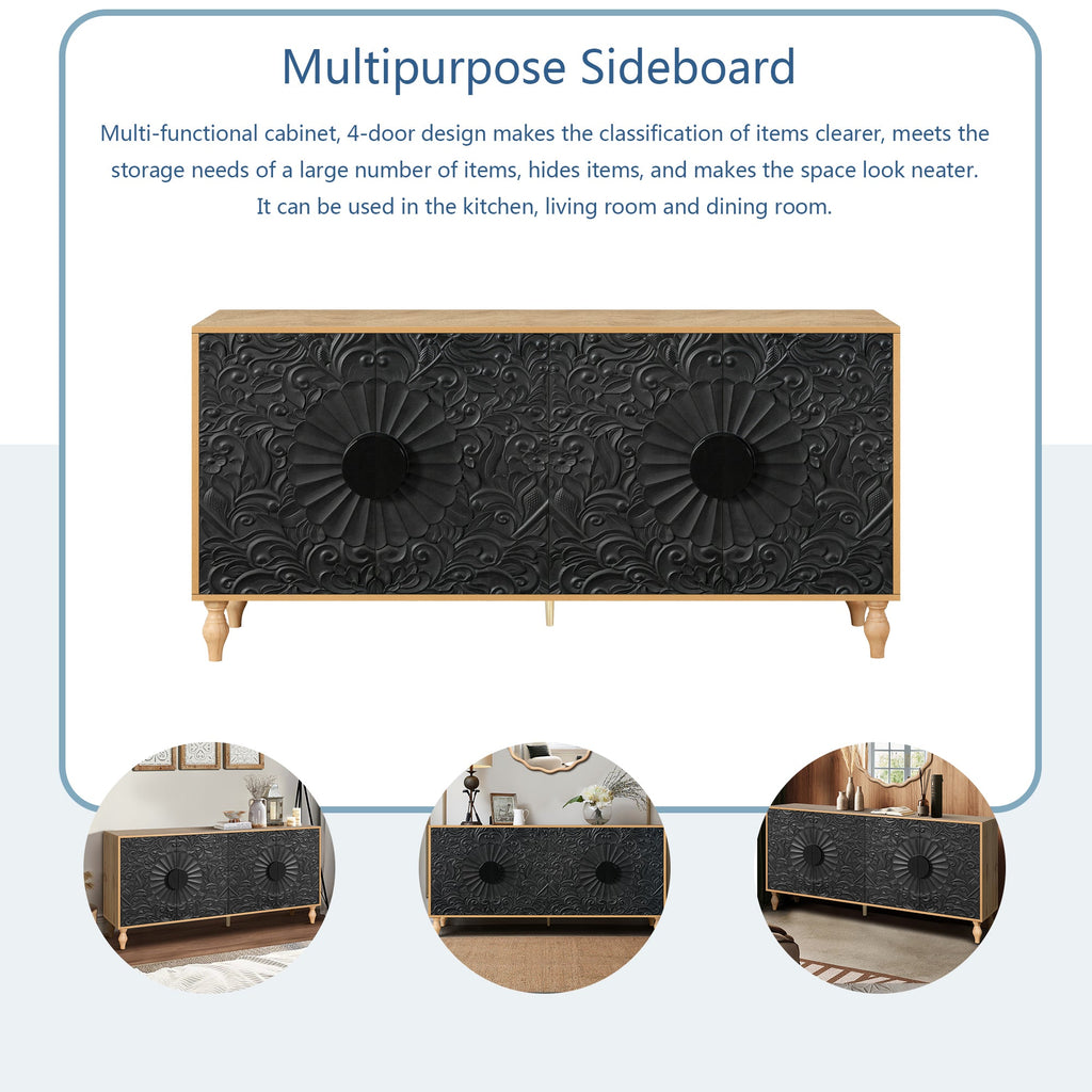 Black Carved Symmetrical Design Door And Wood Coloured Frame TV Stand