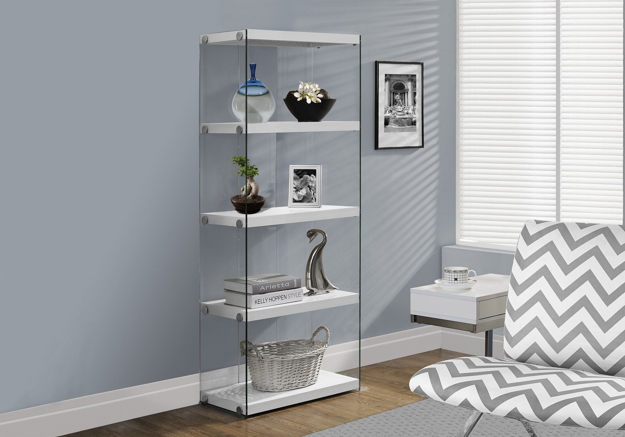 5-Tier White Bookcase with Clear Tempered Glass