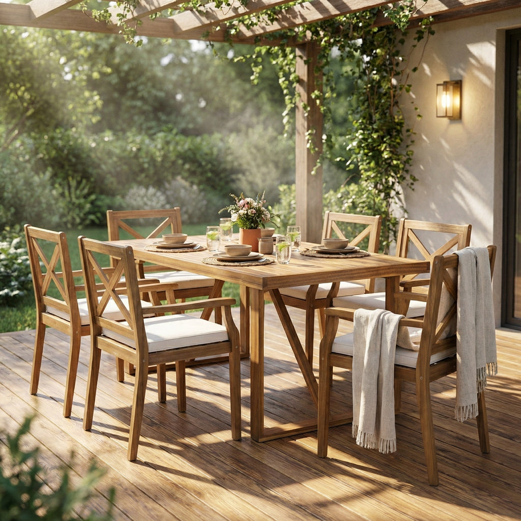 7 Pieces Acacia Wood Outdoor Dining Set with Cream Cushions