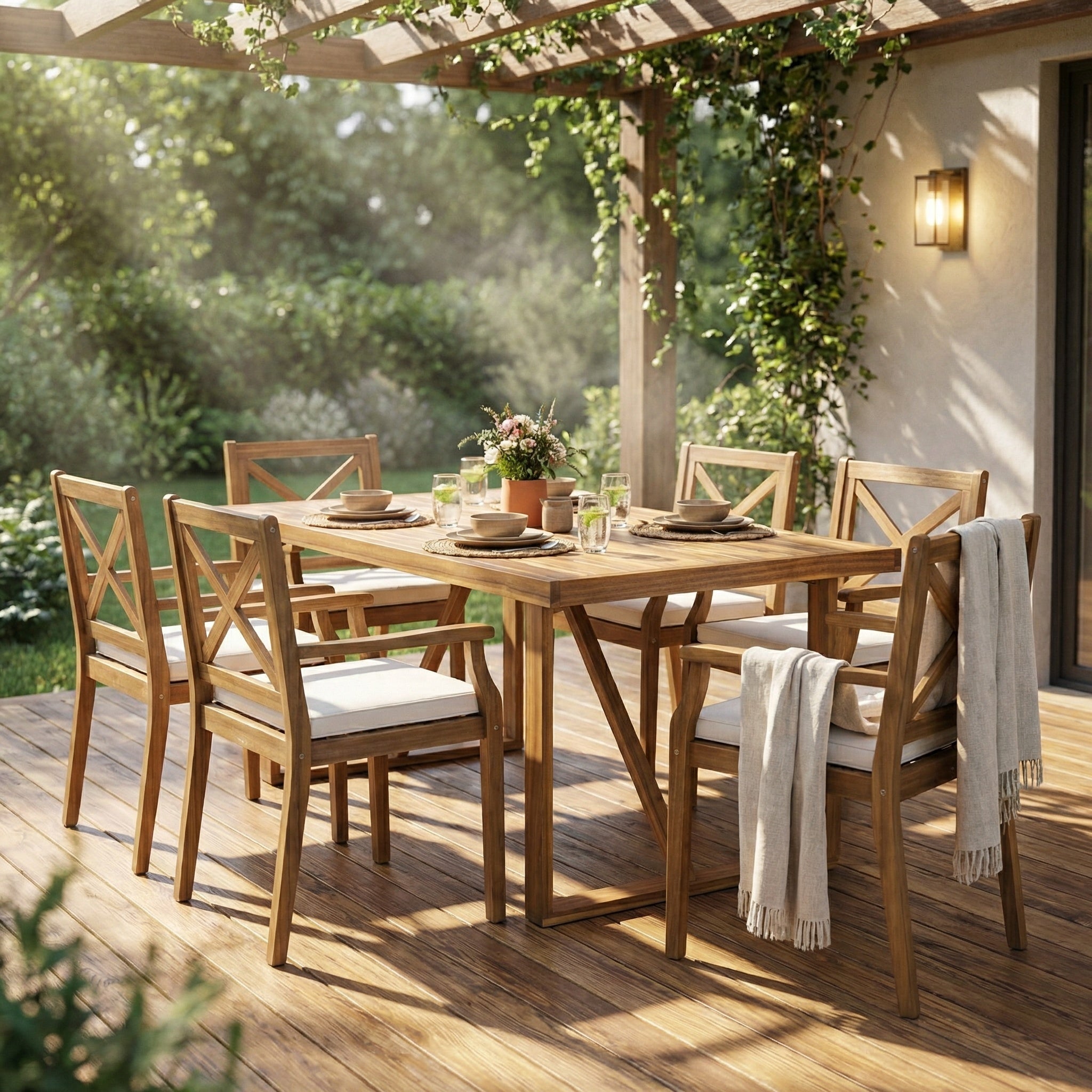 7 Pieces Acacia Wood Outdoor Dining Set with Cream Cushions