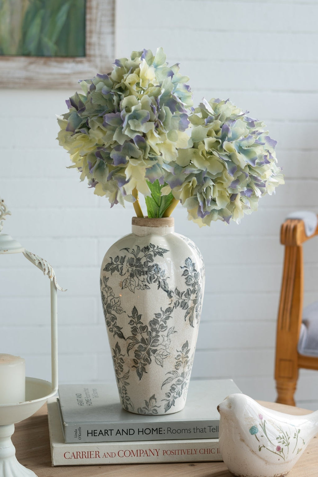 6.7x6.7x11.6' White Ceramic Accent Vase with Gray Floral Design
