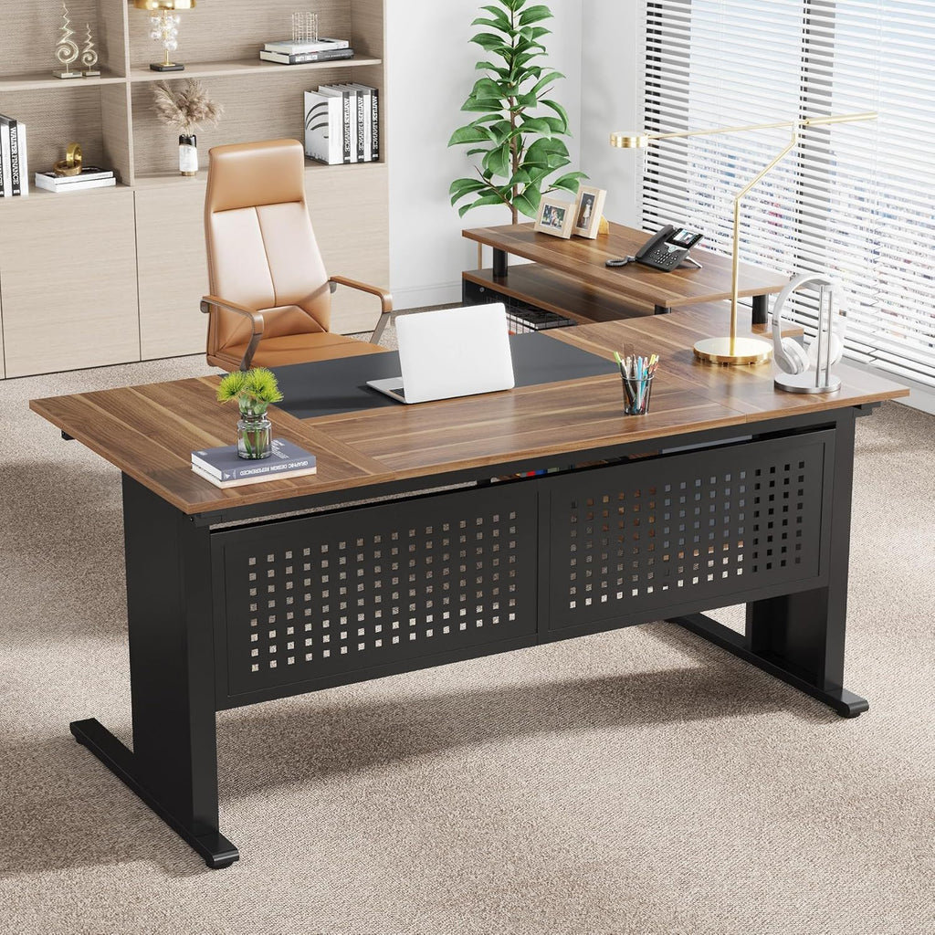 L-Shaped Executive Desk With File Cabinet, Office Workstation With Drawers, Shelves & Storage