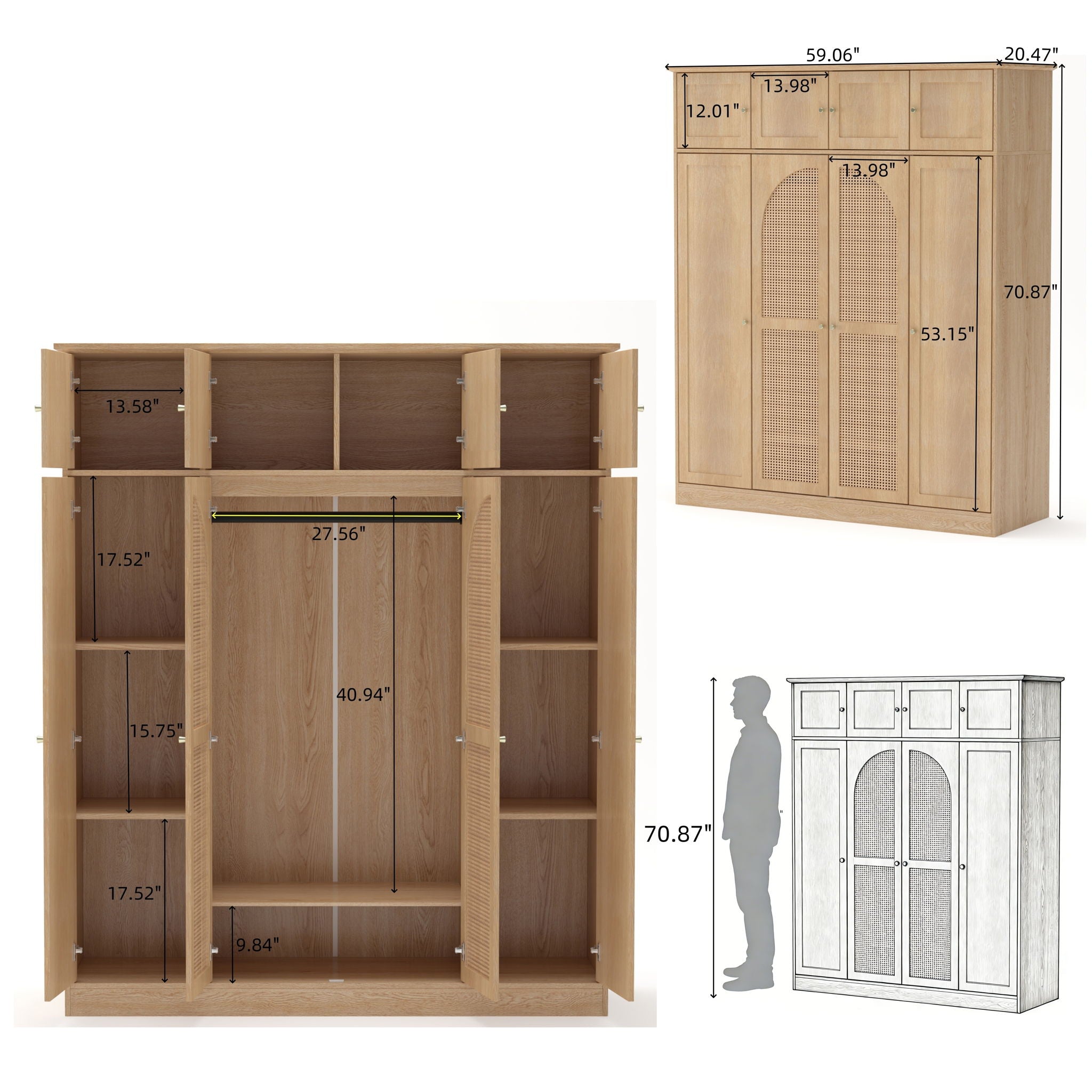 8 Door Armoire Wardrobe with Adjustable Shelves and Hanging Rod