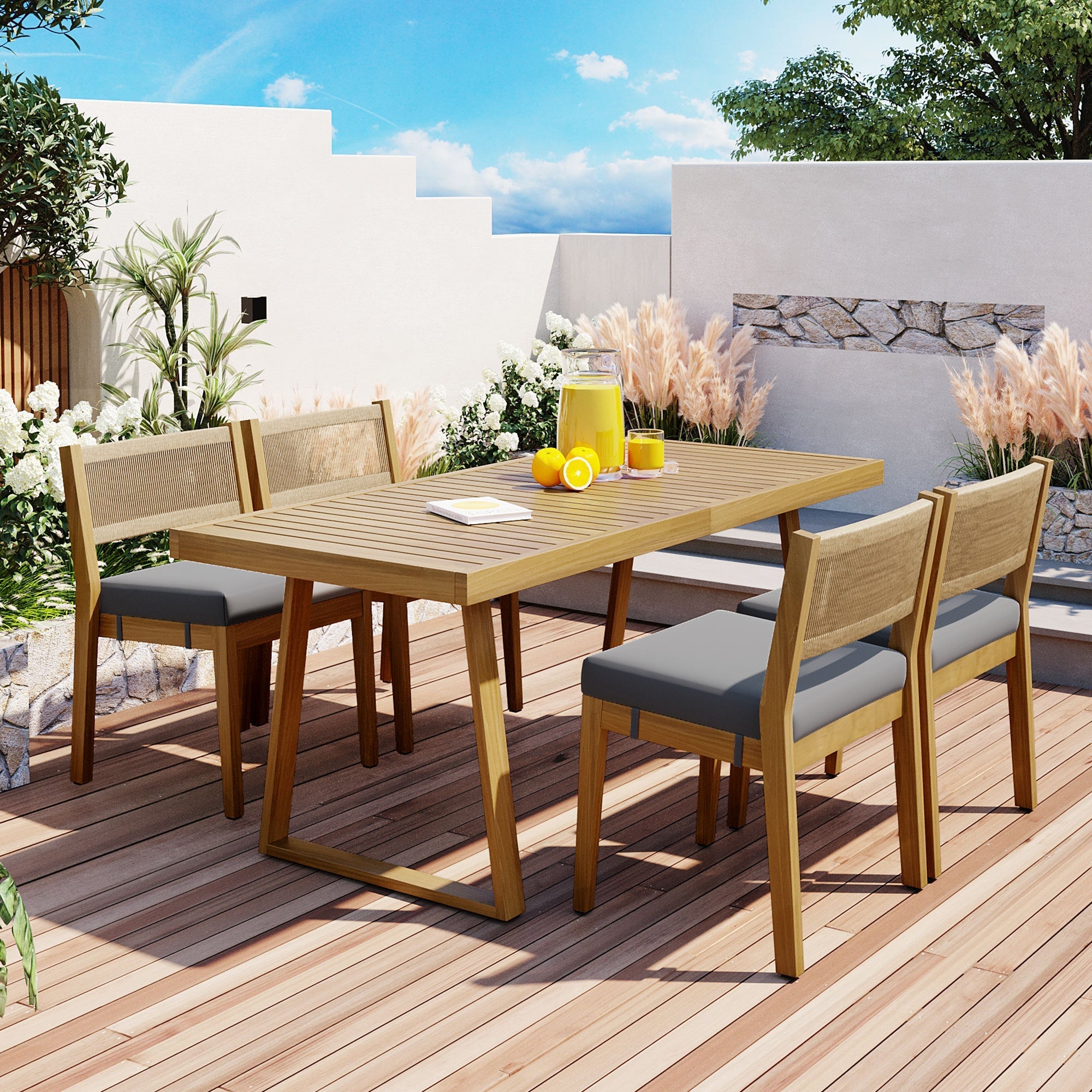 U_Style Multi-Person Outdoor Acacia Wood Dining Table and Chair Set