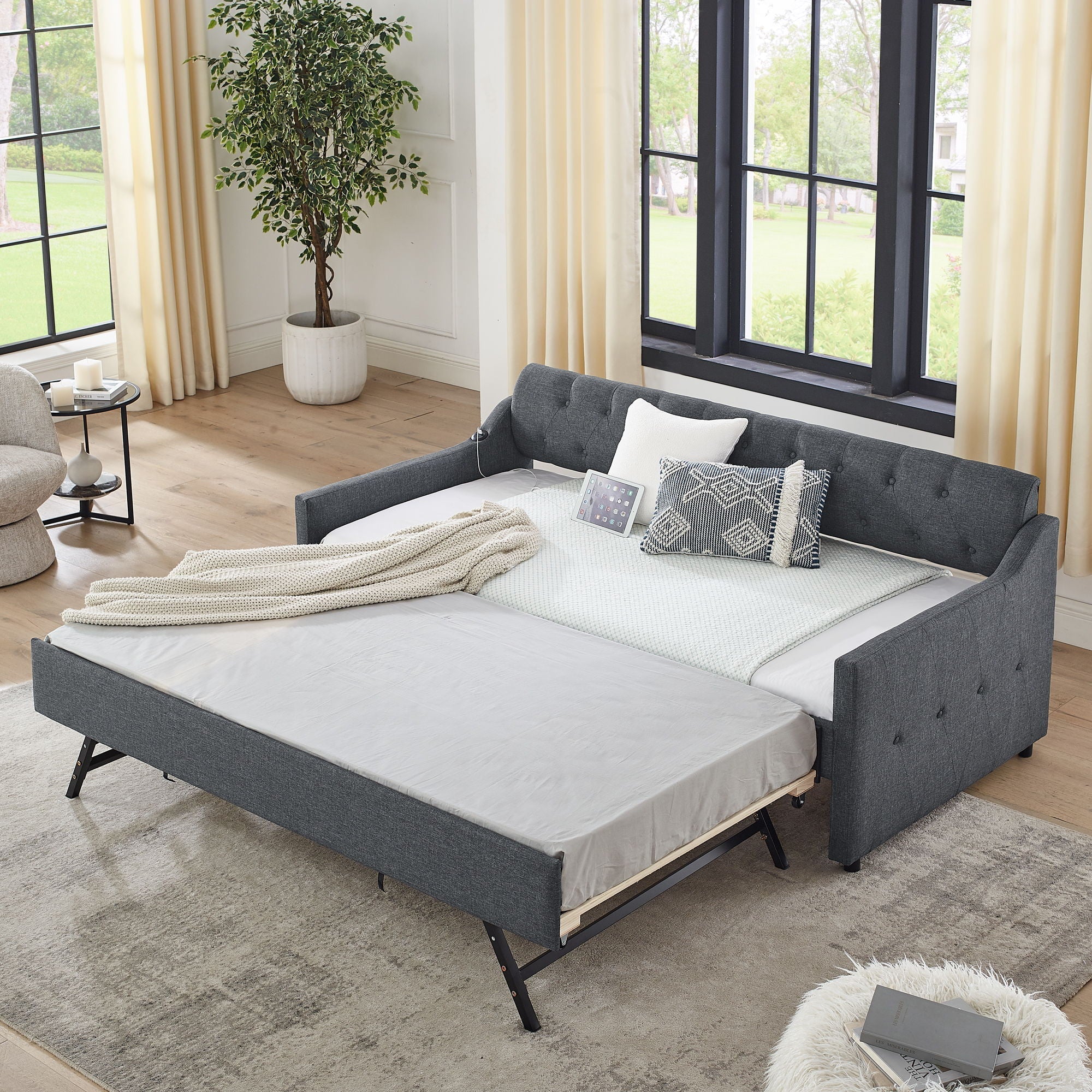 Size Upholstered Daybed With Trundle And USB Charging Armrest